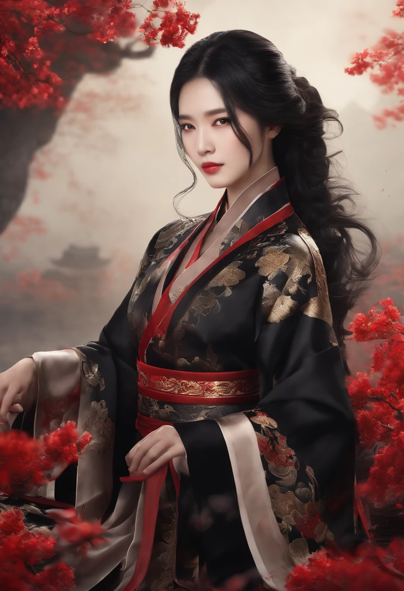 1 girl, Woman, Handsome, inky, chinese armor, ((2.5D)), Black hair, Floating hair, Delicate eyes, black and red antique damask Hanfu, FOV, (F1.8), (masutepiece), (portrait shot), Front shot, White background, (Cinematic poster)