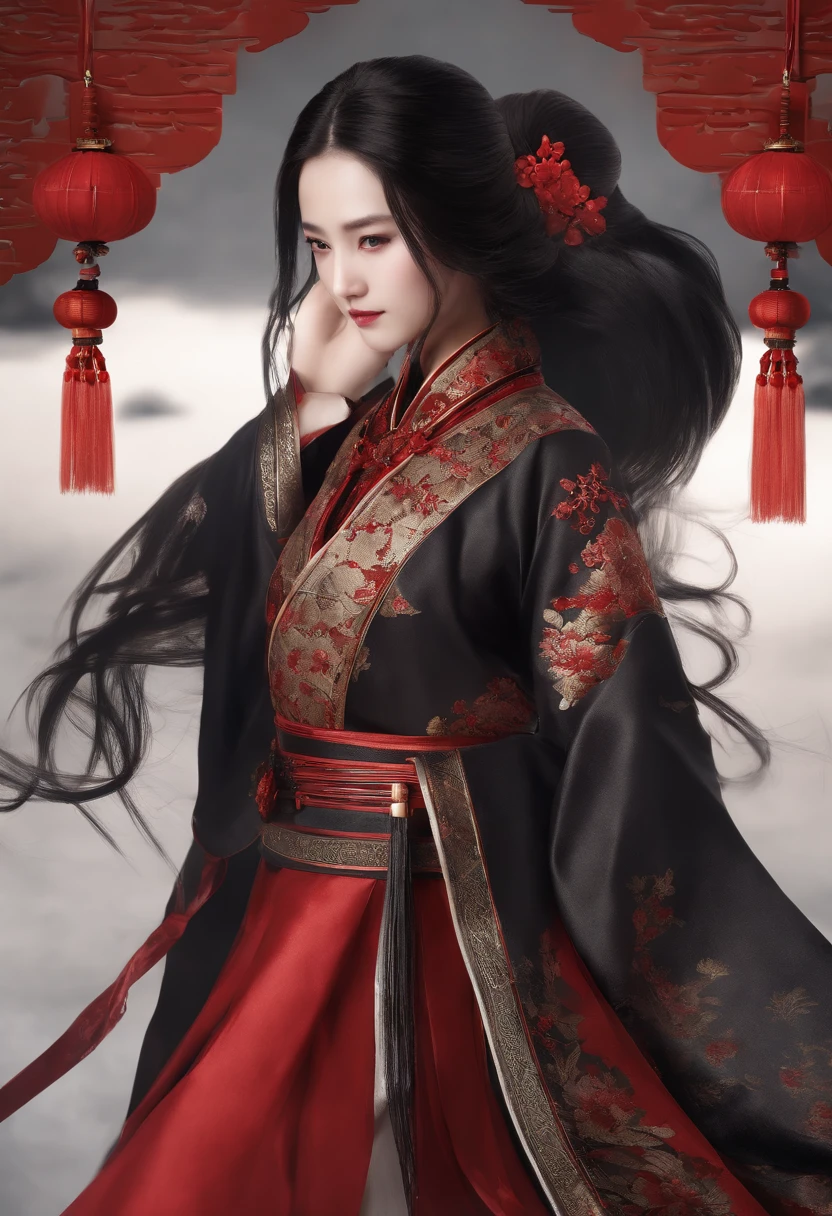 1 girl, Woman, Handsome, inky, chinese armor, ((2.5D)), Black hair, Floating hair, Delicate eyes, black and red antique damask Hanfu, FOV, (F1.8), (masutepiece), (portrait shot), Front shot, White background, (Cinematic poster)