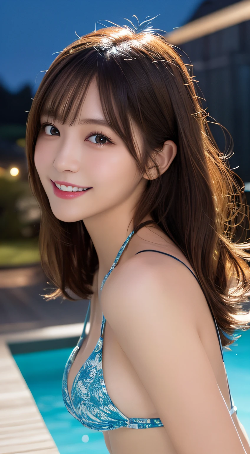 whole body, Highest quality, figure, Super detailed, finely, High resolution, 8k, Perfect dynamic composition, Detailed and beautiful eyes, Bikini,Medium Hair, Center of chest, Natural color lip, Random sexy poses,smile,Night Pool,Large Breasts、セクシーなポーズ、カラフルなビキニ、