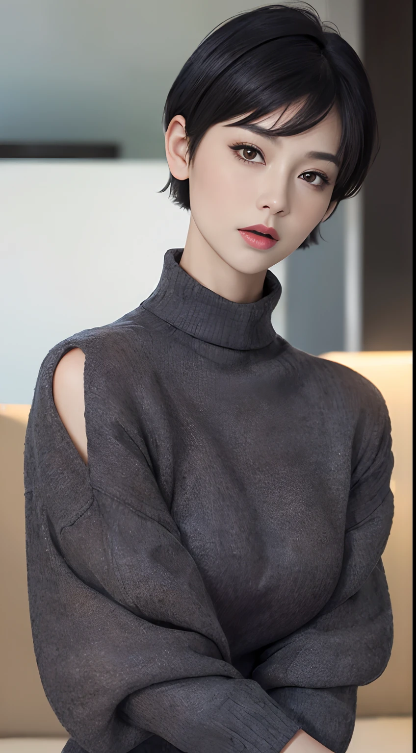 (masterpiece:1.3), (8k, photorealistic, RAW photo, best quality: 1.4), (1girl), beautiful face, (realistic face), (black hair, short hair:1.3), beautiful hairstyle, realistic eyes, beautiful detailed eyes, (realistic skin), beautiful skin, (sweater), absurdres, attractive, ultra high res, ultra realistic, highly detailed, golden ratio