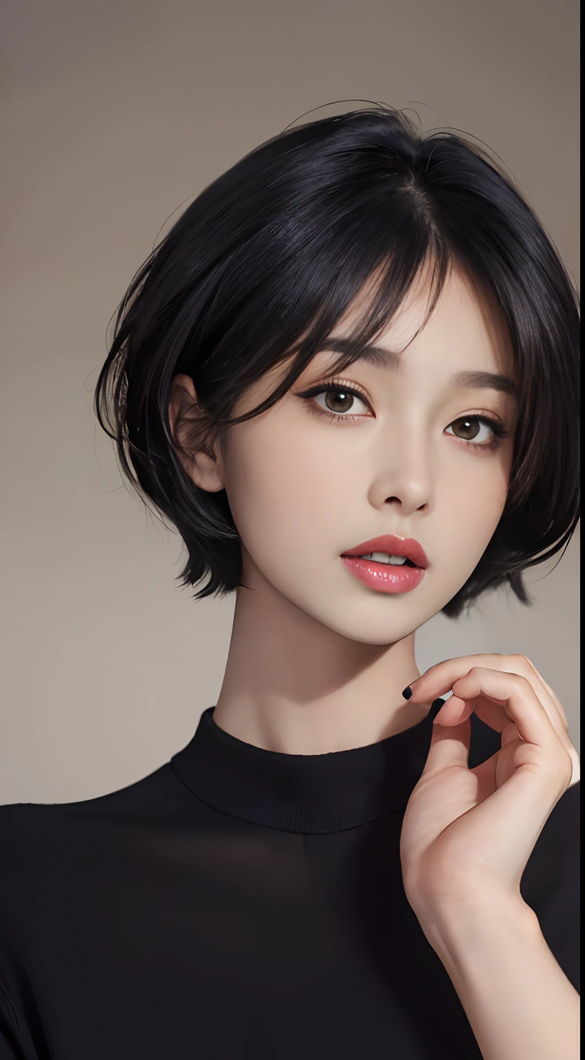 (masterpiece:1.3), (8k, photorealistic, RAW photo, best quality: 1.4), (1girl), beautiful face, (realistic face), (black hair, short hair:1.3), beautiful hairstyle, realistic eyes, beautiful detailed eyes, (realistic skin), beautiful skin, (sweater), absurdres, attractive, ultra high res, ultra realistic, highly detailed, golden ratio