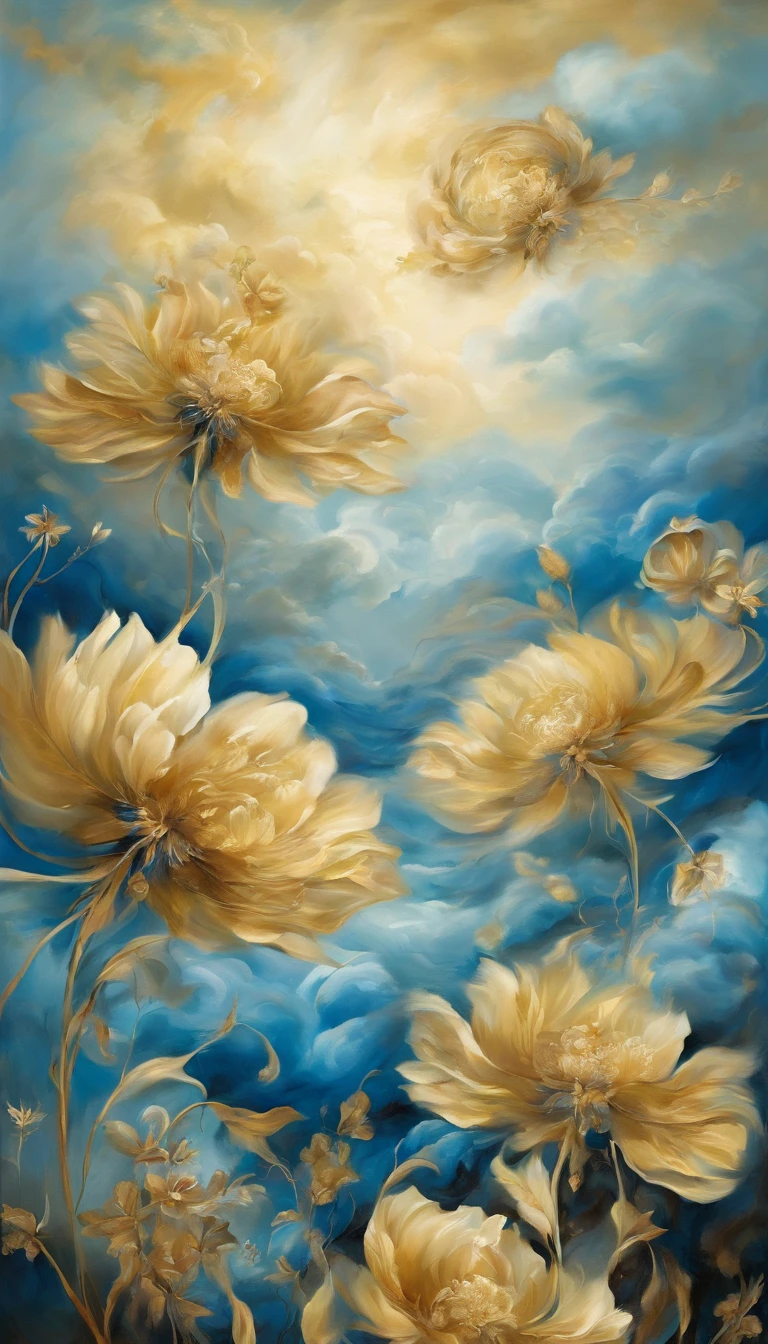 blue and golden flowers among whith clouds