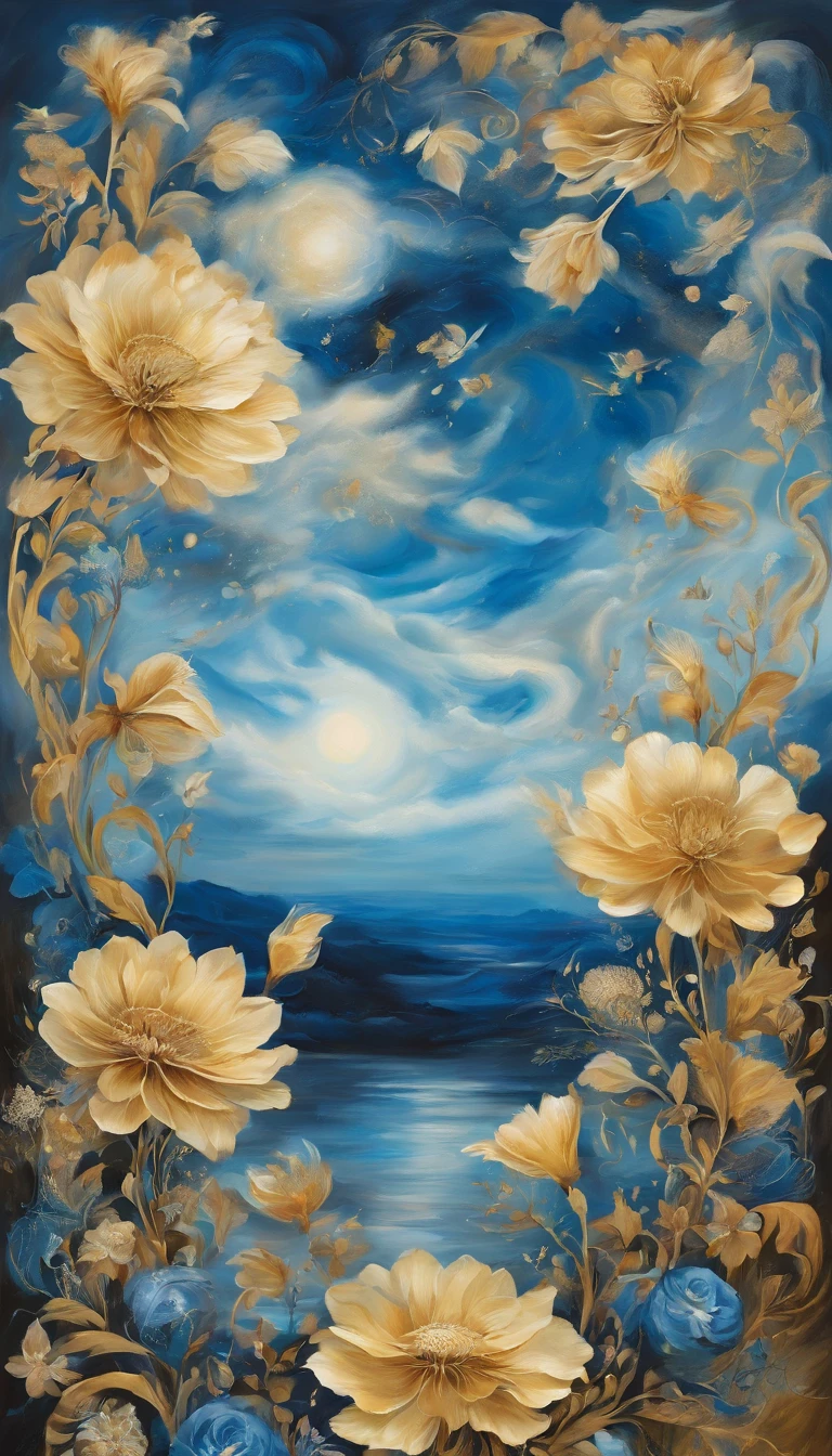 blue and golden flowers among whith clouds