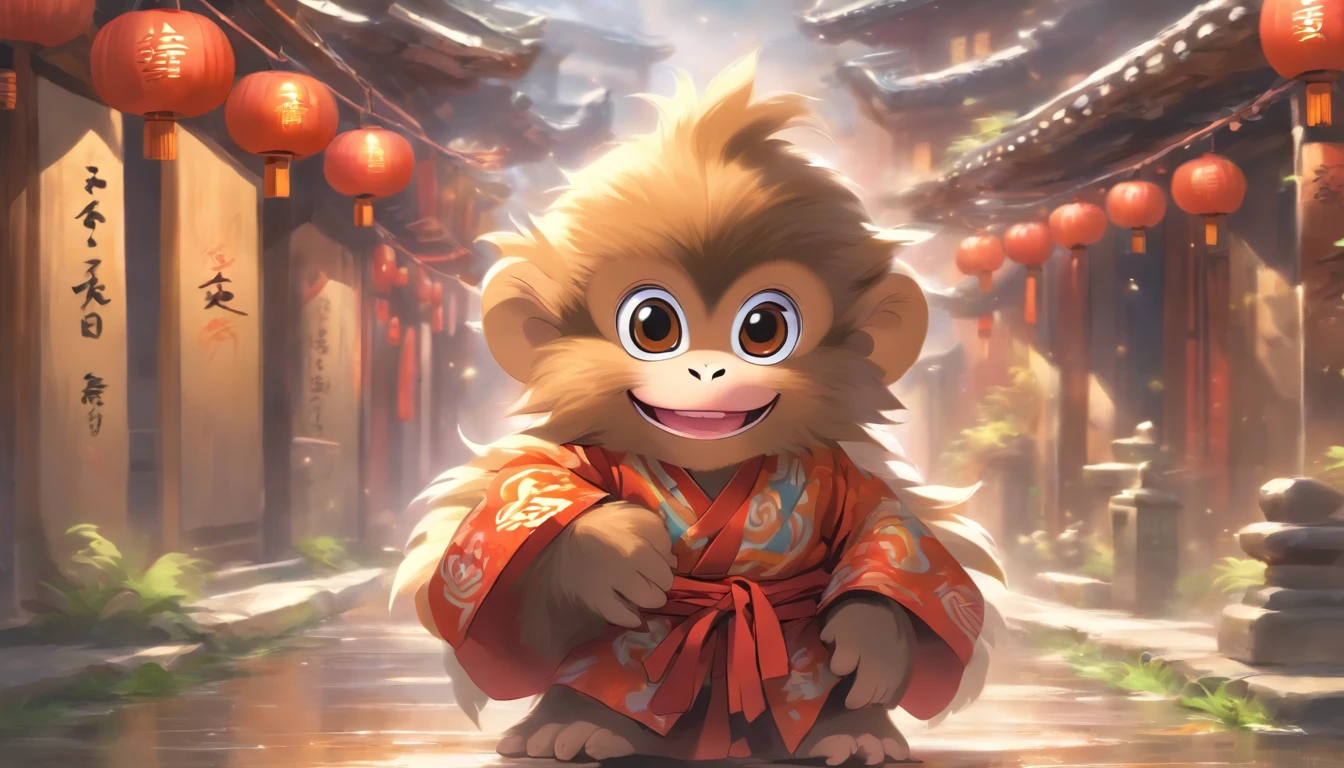 a fluffy baby monkey, smiling, big eyes, wearing taoist robe, standing by a street, ancient style, snes painting