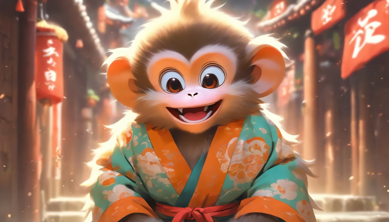 a fluffy baby monkey, smiling, big eyes, wearing taoist robe, standing by a street, ancient style, snes painting