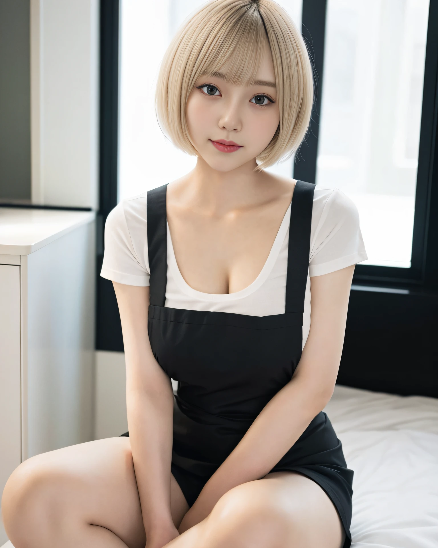 There is a woman with short blonde bob wearing a black apron, With short hair, portrait a woman like reol, with a bob cut, real life anime girl, white hime cut hairstyle, the face of a beautiful Japanese girl, Japanese Models, shikamimi, Korean Girl, Portrait of female Korean idol, with short hair with bangs, hime-cut,Full body like,huge tit