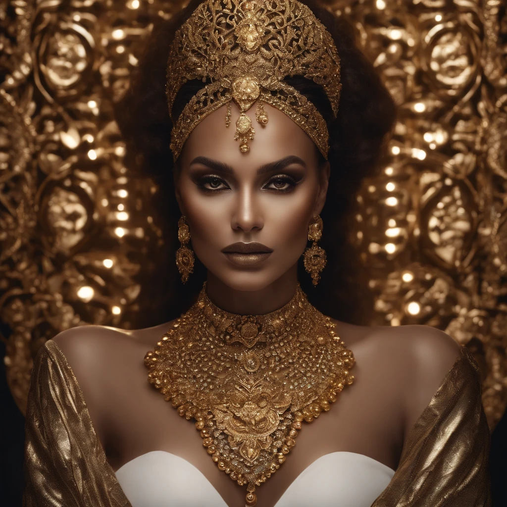 The woman wears gold and gold makeup,The style of the skull pattern,Covered with luxury jewelry, jewelry, Luxurious, Dark white and dark bronze, Jewelry for painters and sculptors,high detal,Realistic,hyper intricate details, 8K, cinmatic lighting, cinematic ligh