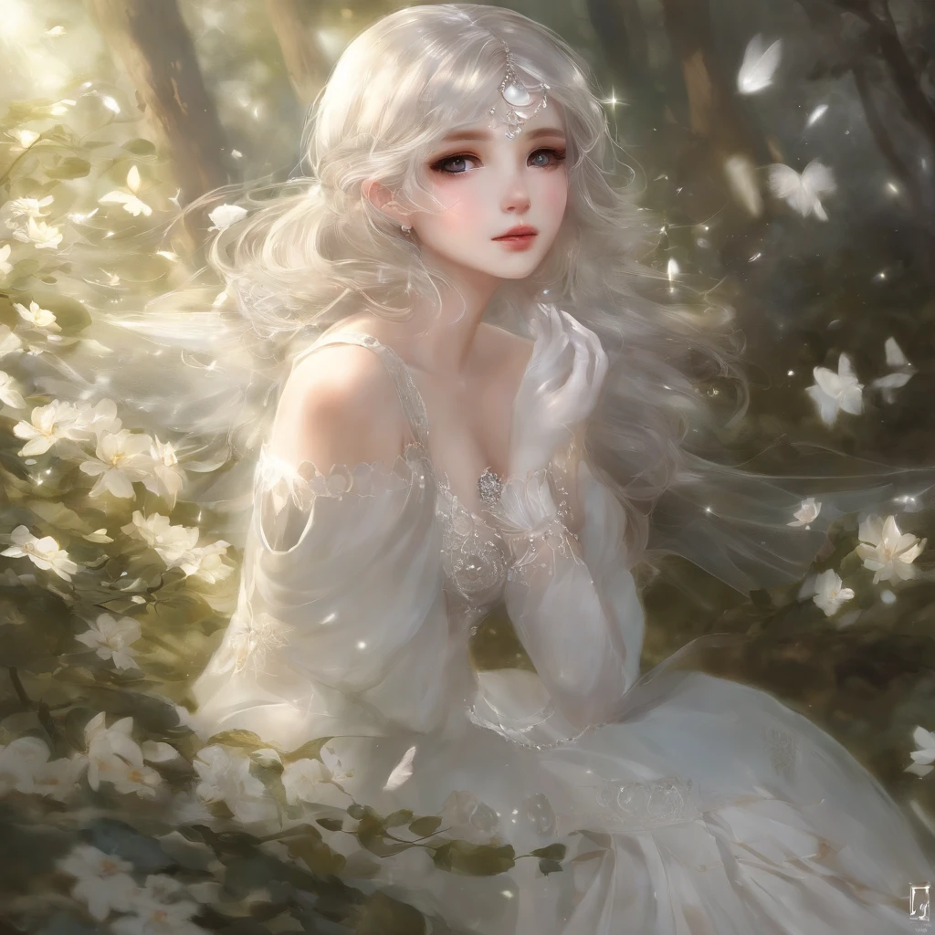 Delicate face on pixiv,Overhead shots,Thick acrylic illustration,by Kawacy,by john singer sargent,A masterpiece,upperbody,princess,one girl,white eyes,grey hair,Fair Skin,beautiful face,God light,White dress,Lots of detail,High best quality,Dregs,depraved,8k,Super meticulous,Latest Pixiv illustrations,dynamic poses,dynamic angles,Gorgeous light and shadow,Transparent,Detail decoration,Detail lines,mystical,fantasy,Magic,shine,fantasy