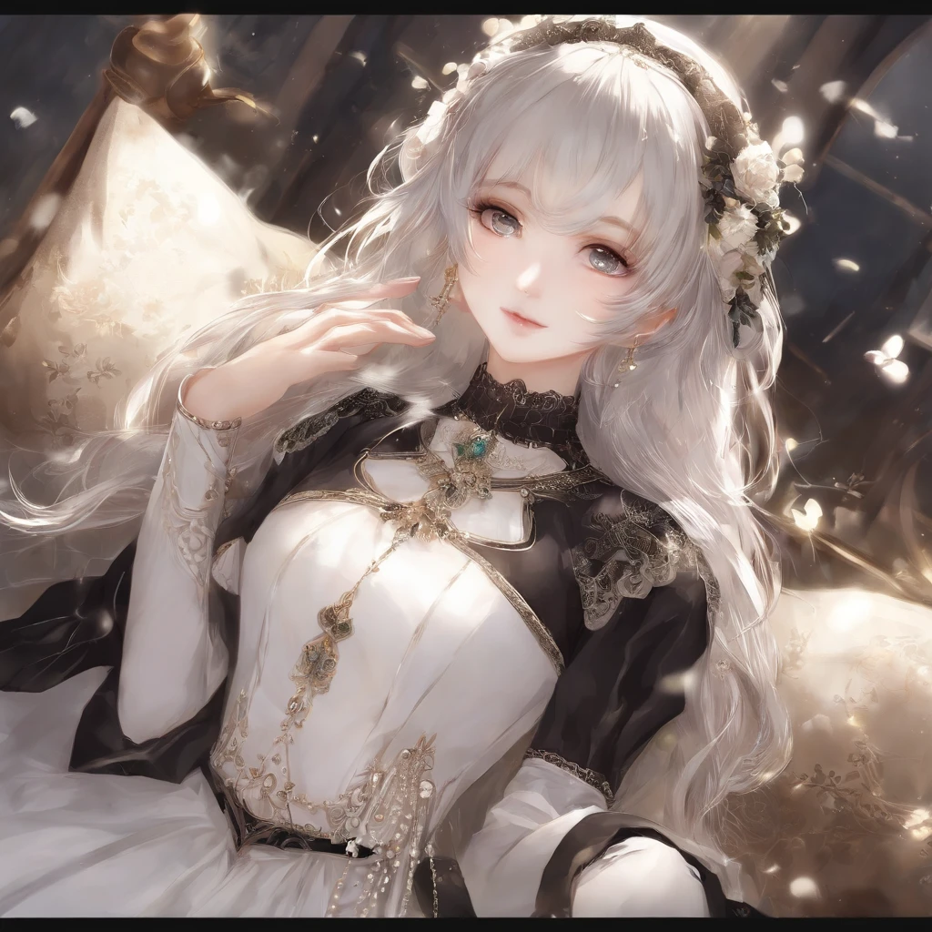 Delicate face on pixiv,Overhead shots,Thick acrylic illustration,by Kawacy,by john singer sargent,A masterpiece,upperbody,princess,one girl,white eyes,grey hair,Fair Skin,beautiful face,God light,White dress,Lots of detail,High best quality,Dregs,depraved,8k,Super meticulous,Latest Pixiv illustrations,dynamic poses,dynamic angles,Gorgeous light and shadow,Transparent,Detail decoration,Detail lines,mystical,fantasy,Magic,shine,fantasy