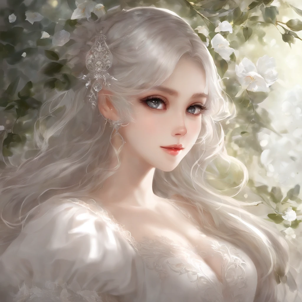 Delicate face on pixiv,Overhead shots,Thick acrylic illustration,by Kawacy,by john singer sargent,A masterpiece,upperbody,princess,one girl,white eyes,grey hair,Fair Skin,beautiful face,God light,White dress,Lots of detail,High best quality,Dregs,depraved,8k,Super meticulous,Latest Pixiv illustrations,dynamic poses,dynamic angles,Gorgeous light and shadow,Transparent,Detail decoration,Detail lines,mystical,fantasy,Magic,shine,fantasy