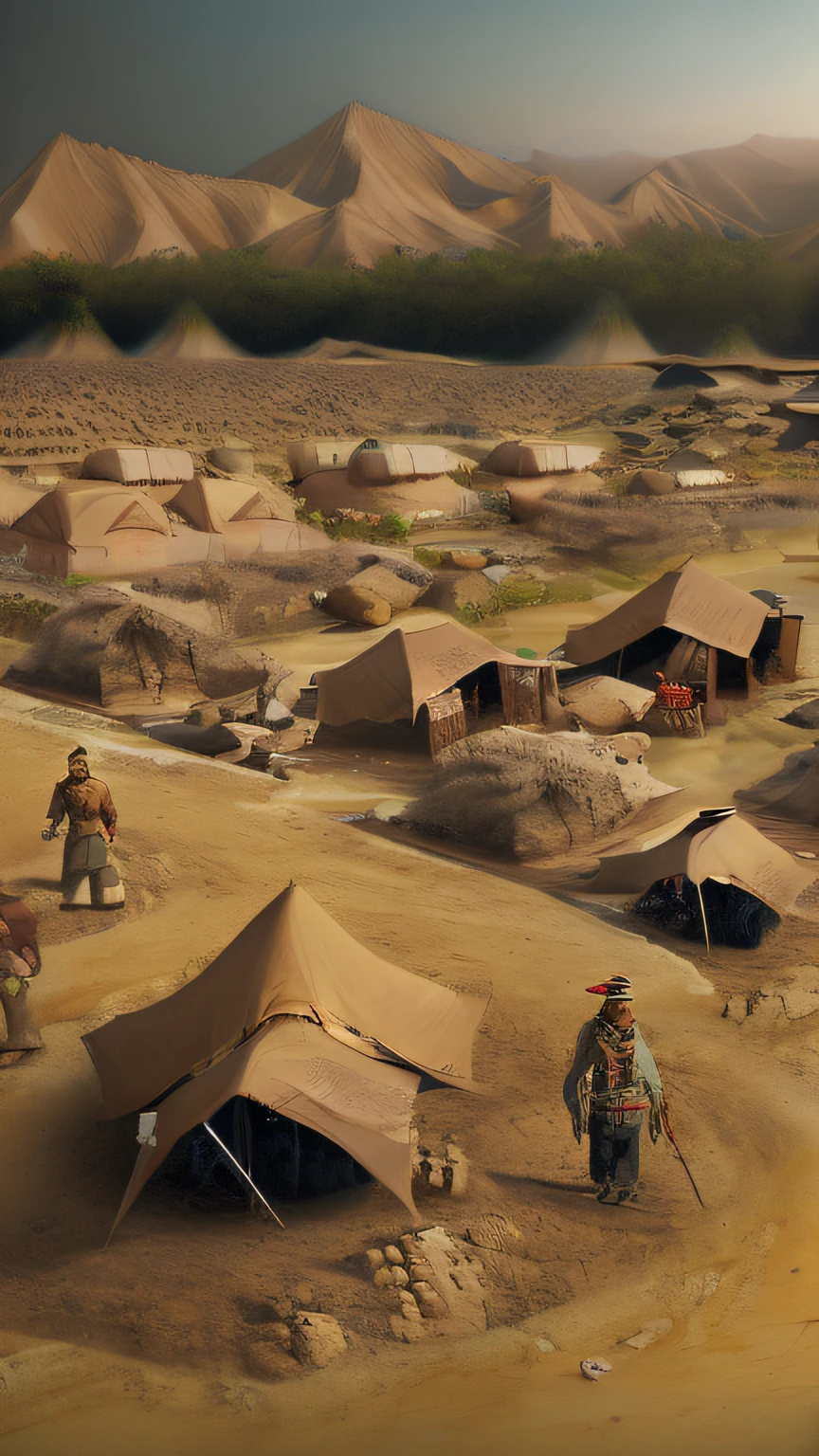 Ancient China，In the wilderness，Camp Village，drought，ancient soldier，down view，Panorama Figures，high qulity，Full pixel