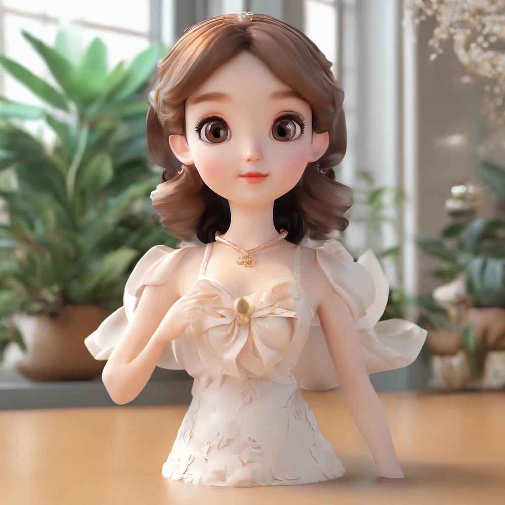 super cute girl IP by pop mart, Bright eyes, cherub,Little white dress, Clay, Models, a blind box toy, Glossy and delicate,Clean background, Good gloss, 3D rendering of,Best quality