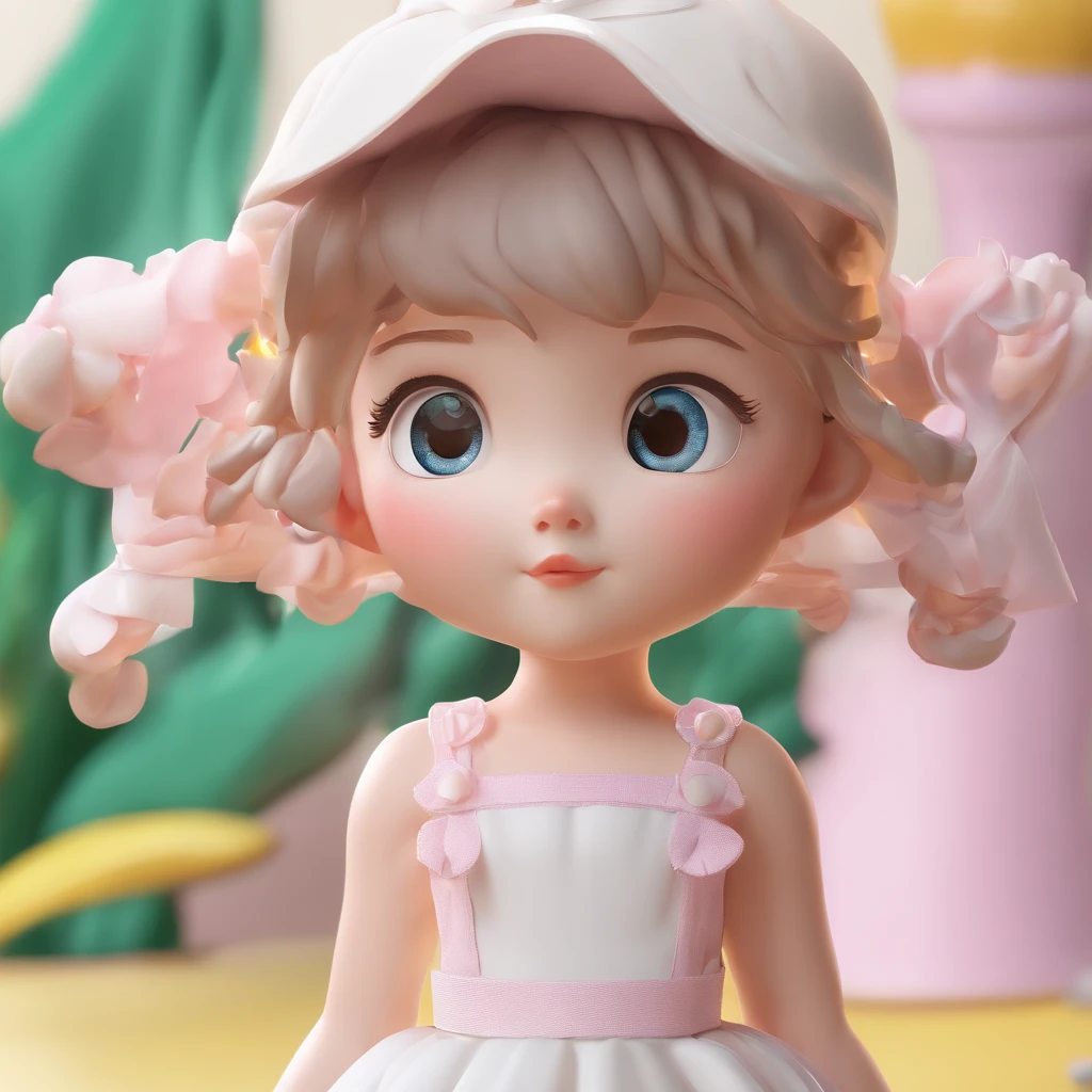 super cute girl IP by pop mart, Bright eyes, cherub,Little white dress, Clay, Models, a blind box toy, Glossy and delicate,Clean background, Good gloss, 3D rendering of,Best quality