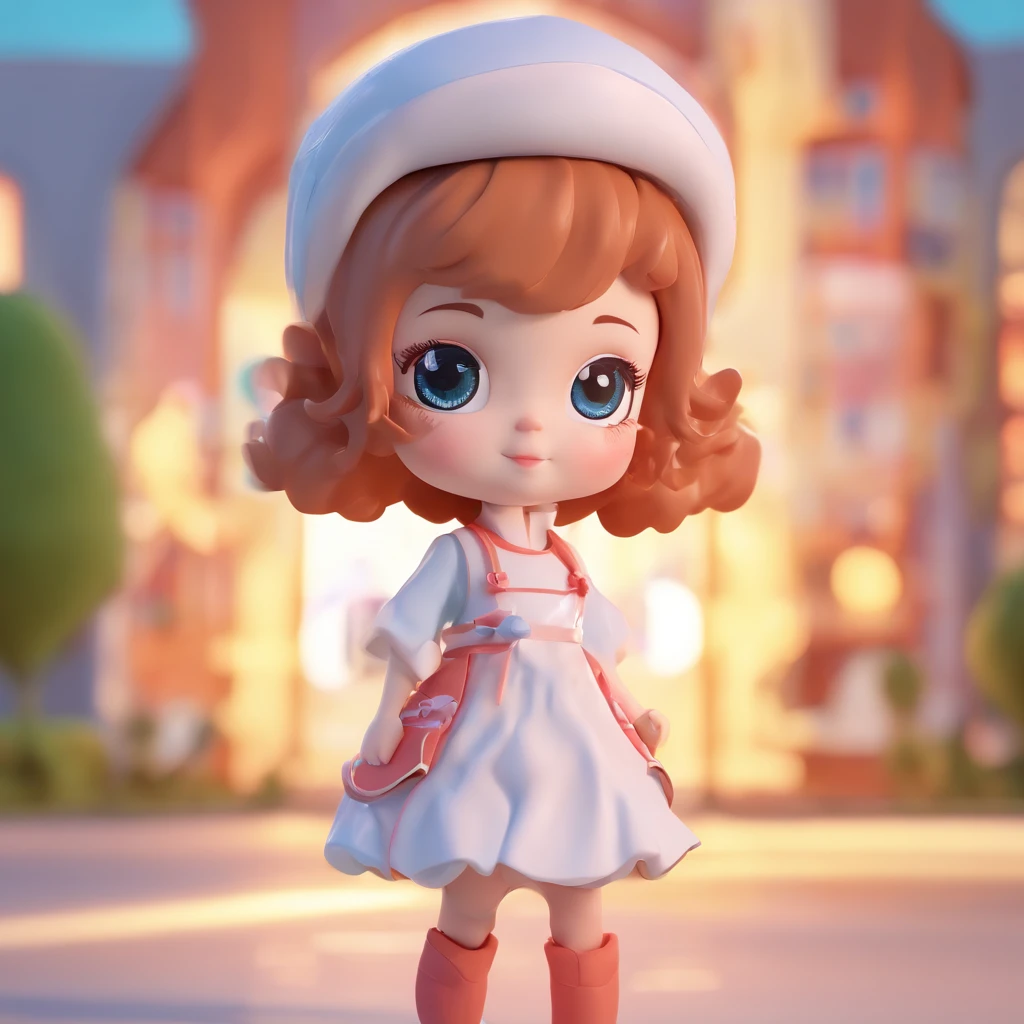 super cute girl IP by pop mart, Bright eyes, cherub,Little white dress, Clay, Models, a blind box toy, Glossy and delicate,Clean background, Good gloss, 3D rendering of,Best quality