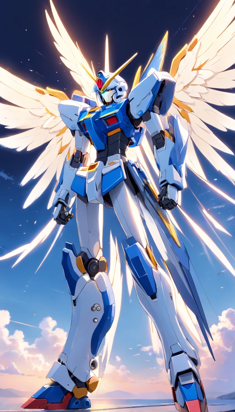 Araphart model of a white and blue robot with wings, mech wings, gundam wing style armor, armor angle with wing, Gundam, wide angel shot, big white glowing wings, high angel distant shot, gunpla, Super Wide Angel, close up angle, wingspan, with wings. Ultra-detailed, huge feathery wings, gundam is windmill shaped