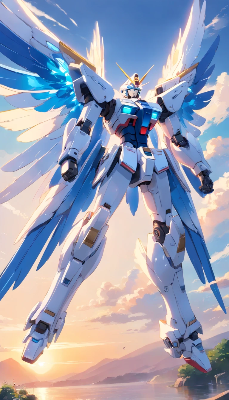 Araphart model of a white and blue robot with wings, mech wings, gundam wing style armor, armor angle with wing, Gundam, wide angel shot, big white glowing wings, high angel distant shot, gunpla, Super Wide Angel, close up angle, wingspan, with wings. Ultra-detailed, huge feathery wings, gundam is windmill shaped