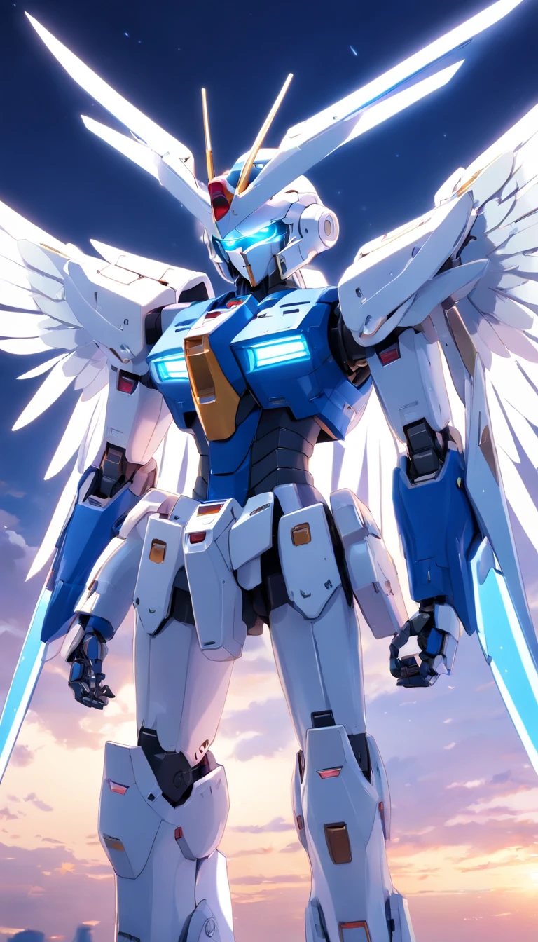 Araphart model of a white and blue robot with wings, mech wings, gundam wing style armor, armor angle with wing, Gundam, wide angel shot, big white glowing wings, high angel distant shot, gunpla, Super Wide Angel, close up angle, wingspan, with wings. Ultra-detailed, huge feathery wings, gundam is windmill shaped