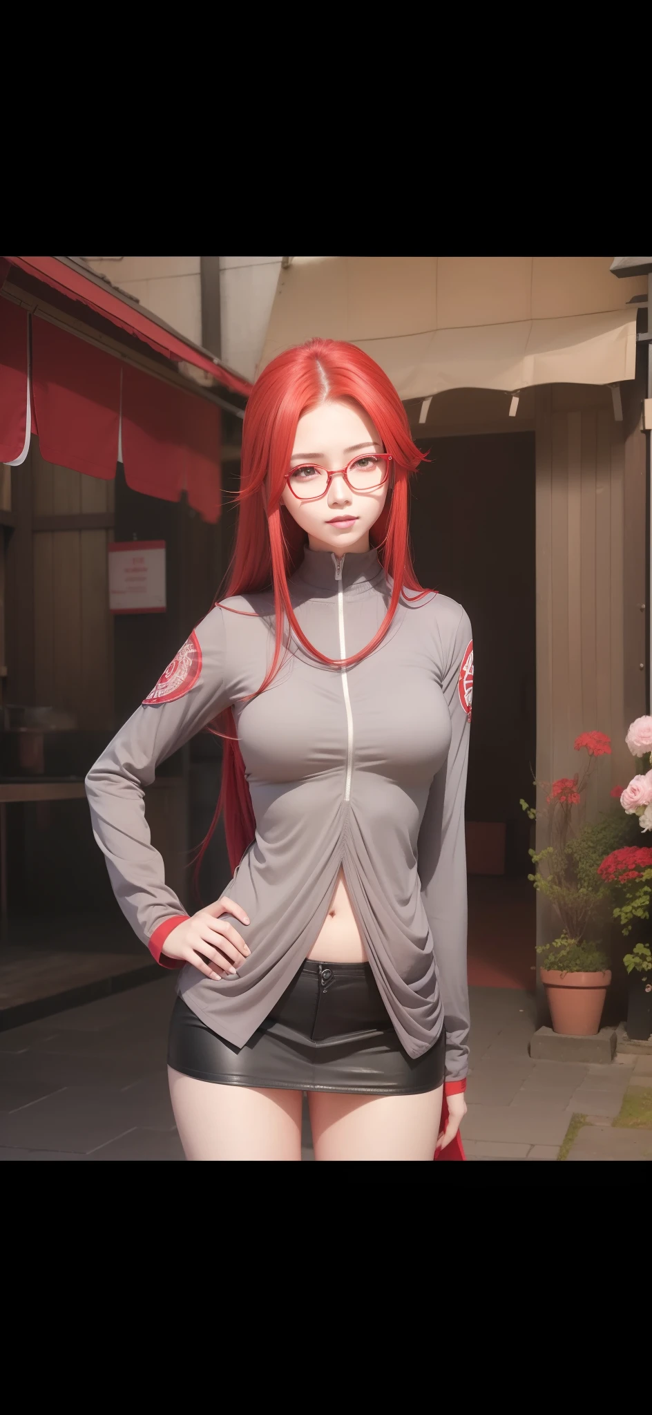 1girl, uzumaki karin in anime naruto, long hair, red hair, red eyes, smile, beautiful, wear red glasses, sexy dress, sexy clothes, grey clothes, very big breast, realistic clothes, detail clothes, outdoor background, ultra detail, realistic