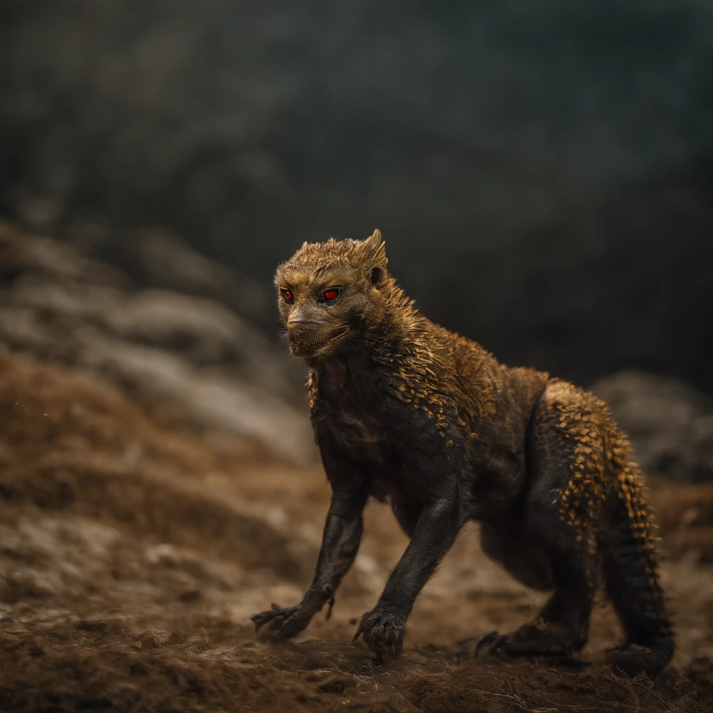 Golden Tenryu,Harsh red eyes,Close-up release of blood fire from the nose,Chest scales,high high quality,8K,Many details,Fire lettuce,Alas,4 legs,Spotted claws,golds,dangers,fires,dentes pontiagudos,big dragon,immensity,threatening,imponent