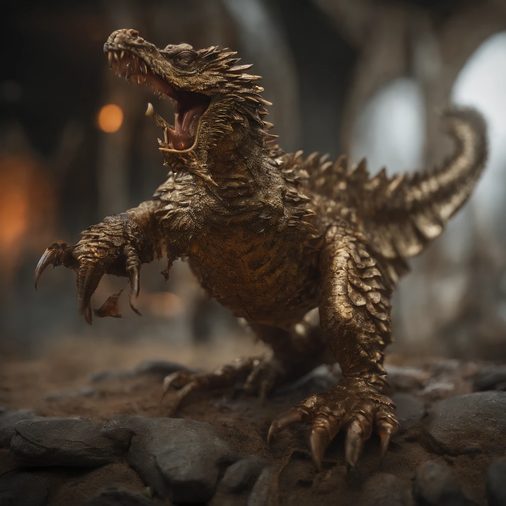 Golden Tenryu,Harsh red eyes,Close-up release of blood fire from the nose,Chest scales,high high quality,8K,Many details,Fire lettuce,Alas,4 legs,Spotted claws,golds,dangers,fires,dentes pontiagudos,big dragon,immensity,threatening,imponent