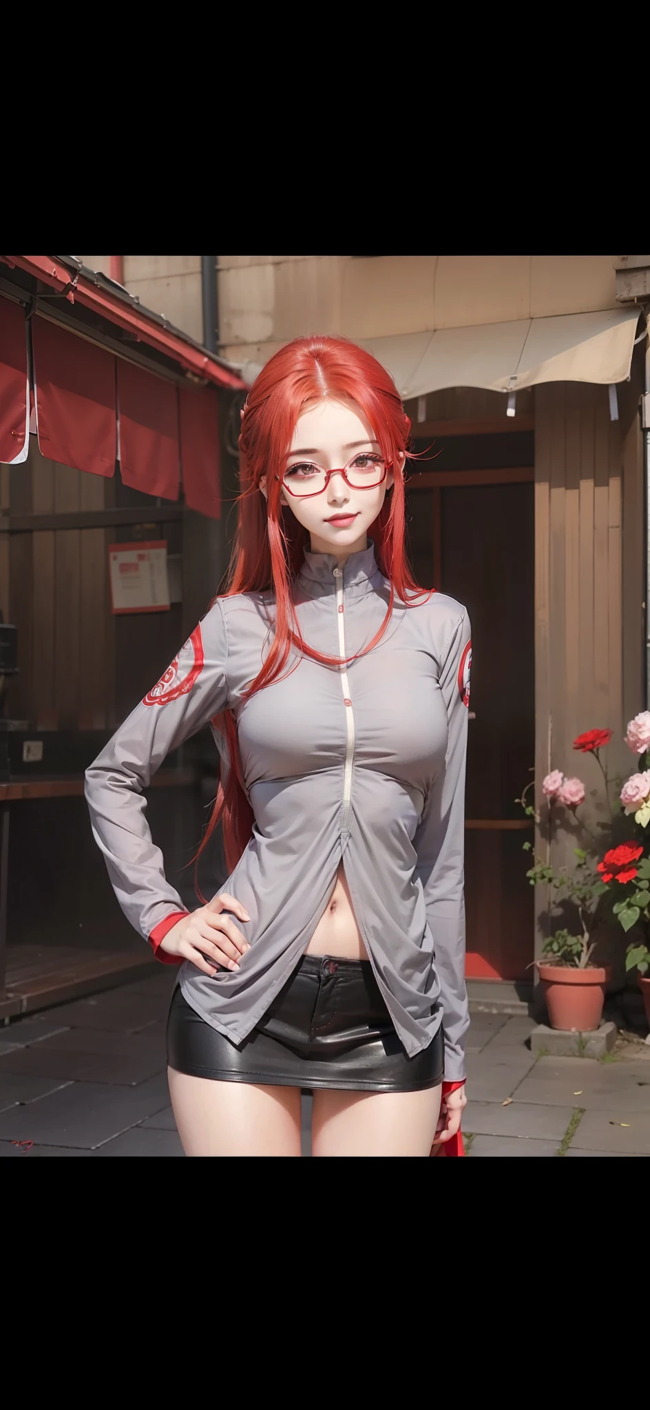 1girl, uzumaki karin in anime naruto, long hair, red hair, red eyes, smile, beautiful, wear red glasses, sexy dress, sexy clothes, grey clothes, very big breast, realistic clothes, detail clothes, outdoor background, ultra detail, realistic