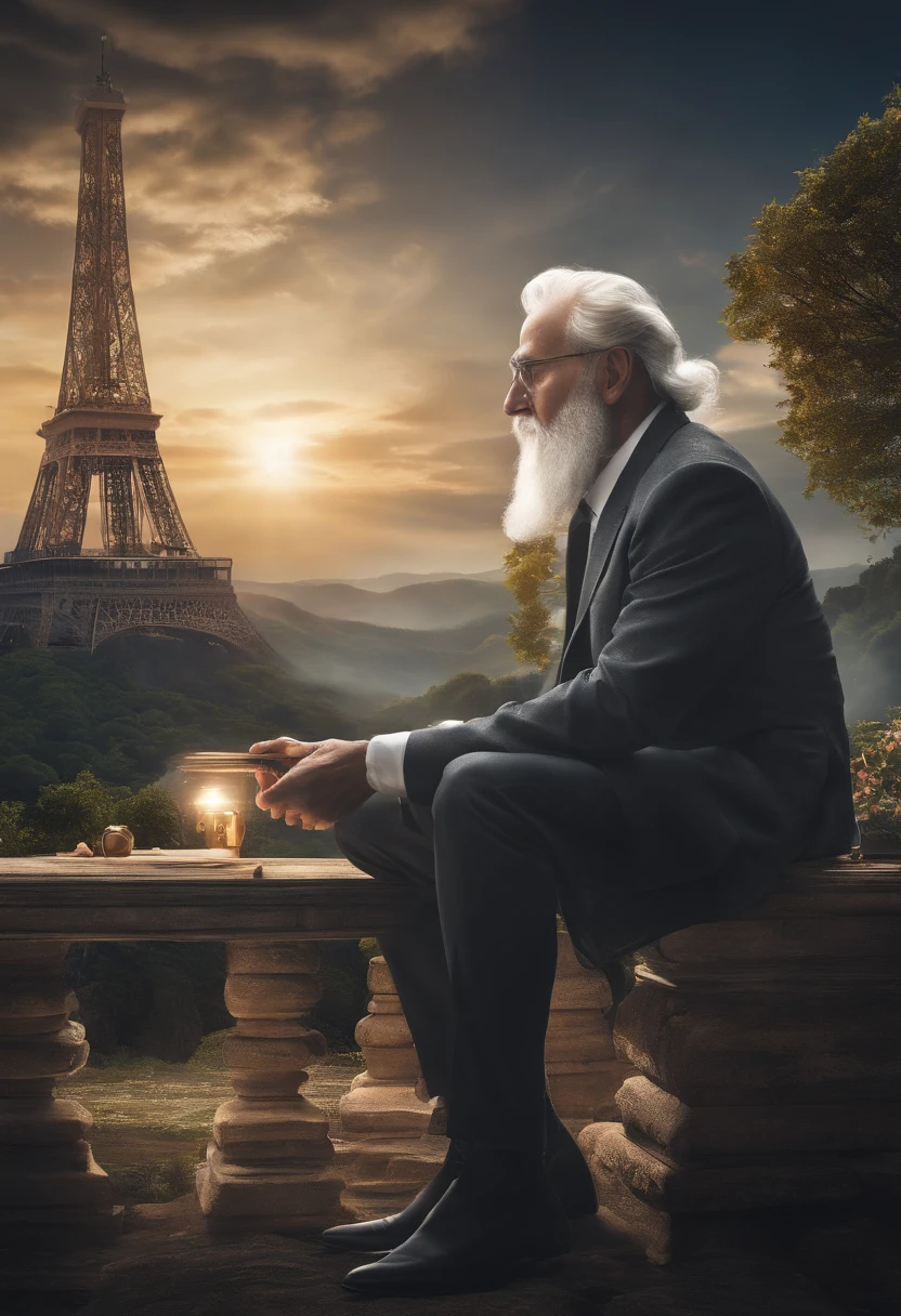 A high resolution,Formal beard,Gray-haired old man,Digital environment,Open a box of wisdom,Wise and knowledgeable expression,wisdom,experience,Technology integration,Virtual reality,Cyberspace,Illuminated computer code,glowing screen,Hover over the holographic display,Streaming data,Algorithmic mode,Artificial intelligence,Computer-generated image,Thought-provoking,Philosophical concept,Cybernetic landscape,contemplative,tranquil ambiance,Tranquility,Virtual Wisdom Library,Transcendence,Digital knowledge,Deep insights,interplay of light and shadow,Immersive virtual experiences,vr headset,Digital interface,ethereal glowing,electronic circuits,Seamless integration of the physical and digital realms,The possibilities are endless