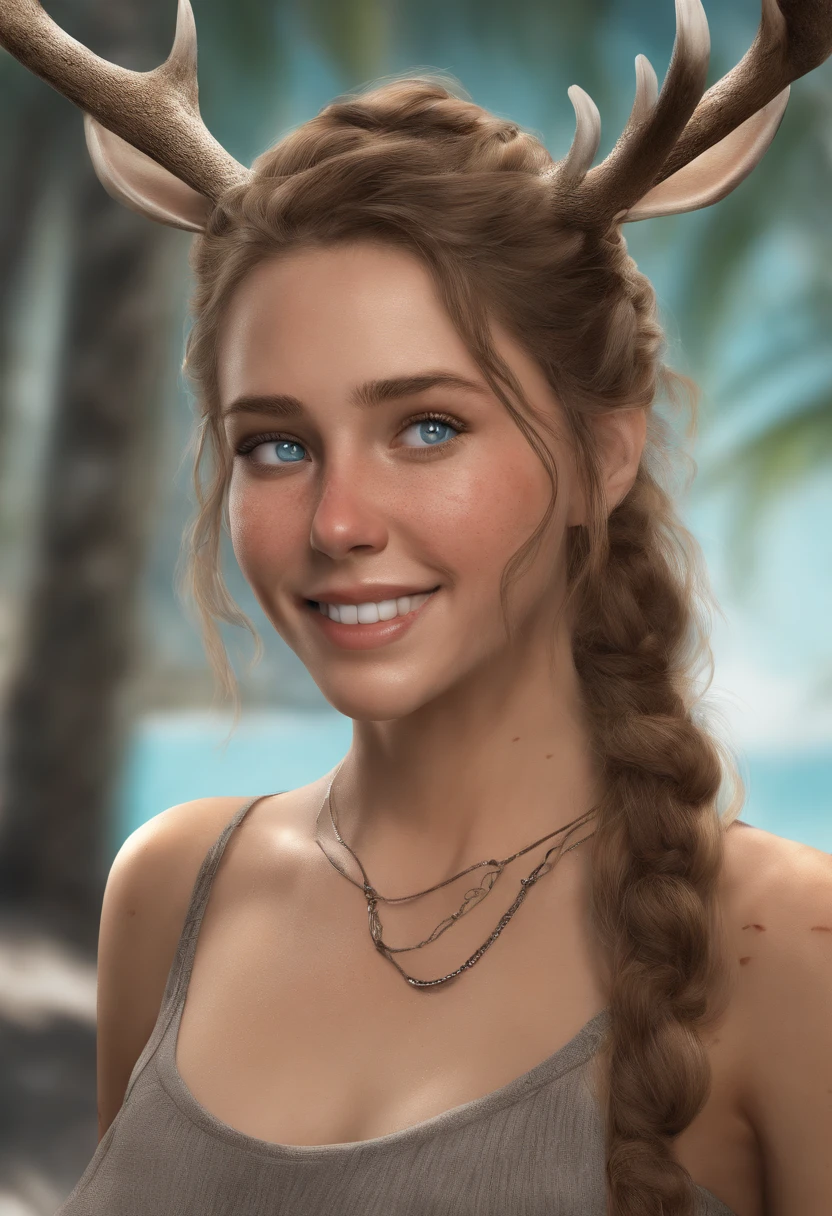 Light brown hair, braidedponytail, blindfolds, deer antlers, aqua eyes, happy tears, Shy, Light smile, surrealism, Social realism, 4K, Best quality, Textured skin, retinas, High details