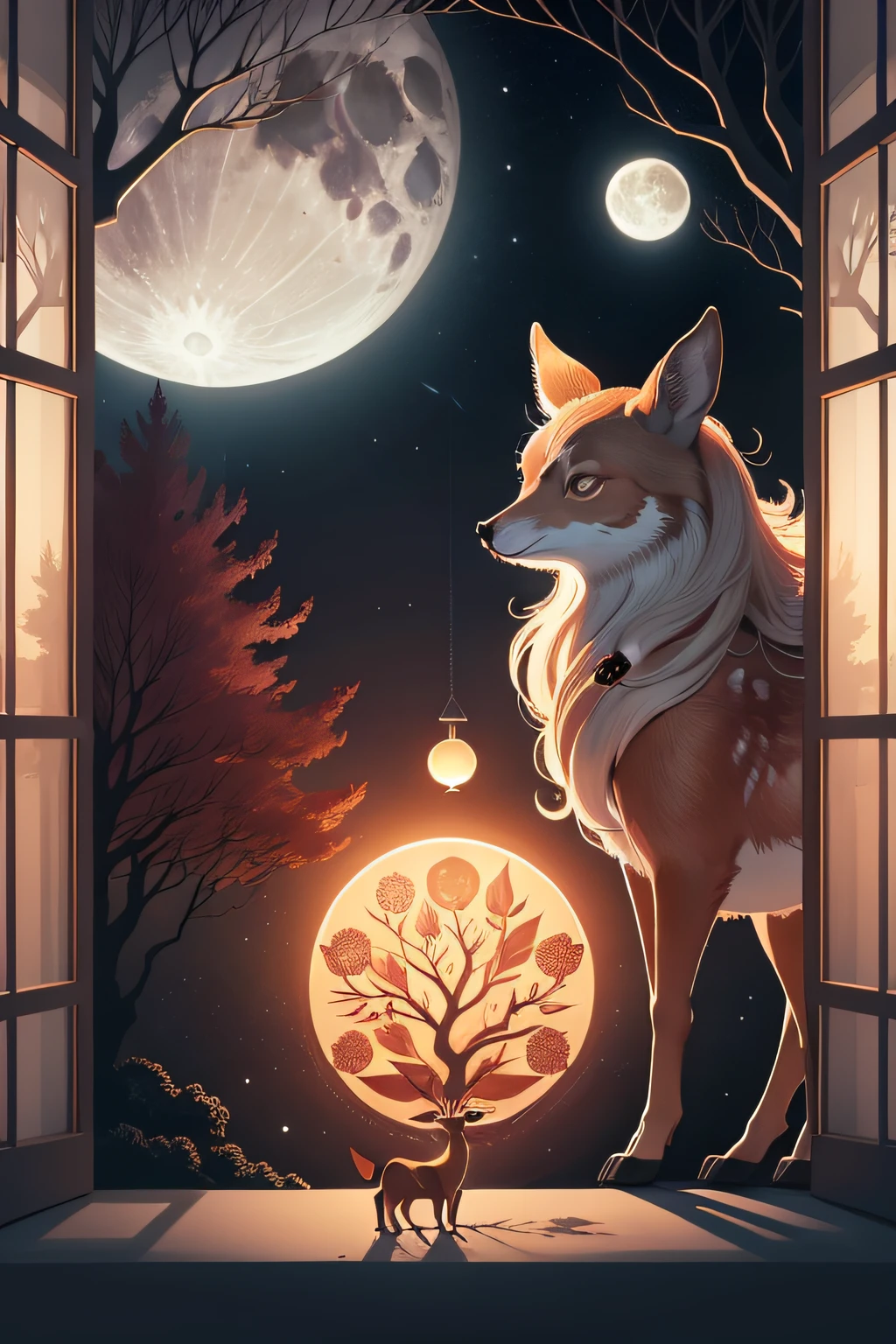 Moon illustration,Tree illustration，big trees，Life，Full of hope，flat vector art background, colourful flat surreal design，mid-autumn festival，themoon，temperature，Justice，fawn，Contradictory body，Beautiful alive，Petty bourgeoisie，Glass windows and exterior walls
