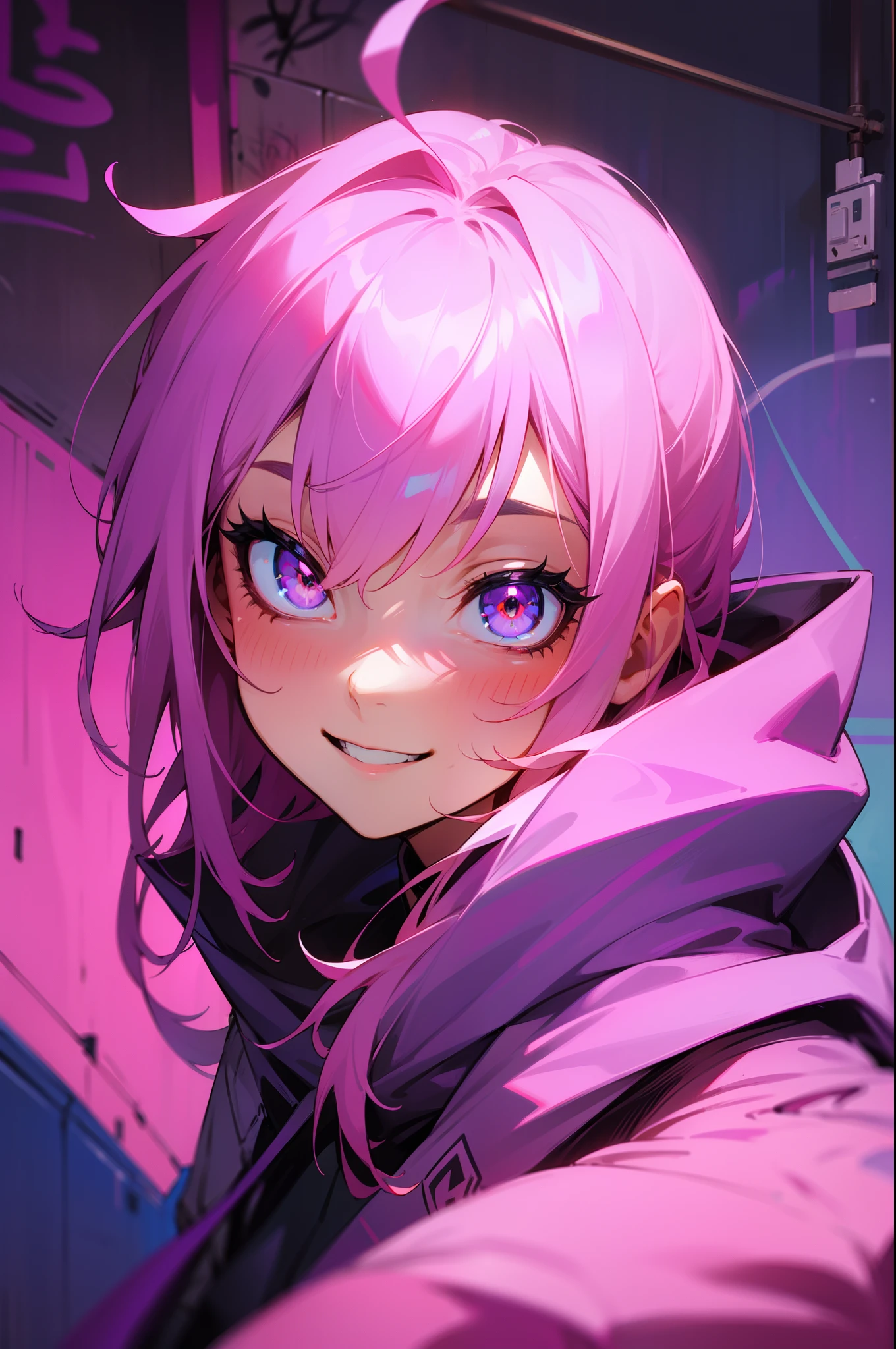 detailed background, masterpiece, best quality, smile, ornament, hood, portrait, neon pink, graffiti, dark, night, bright eyes, purple light
