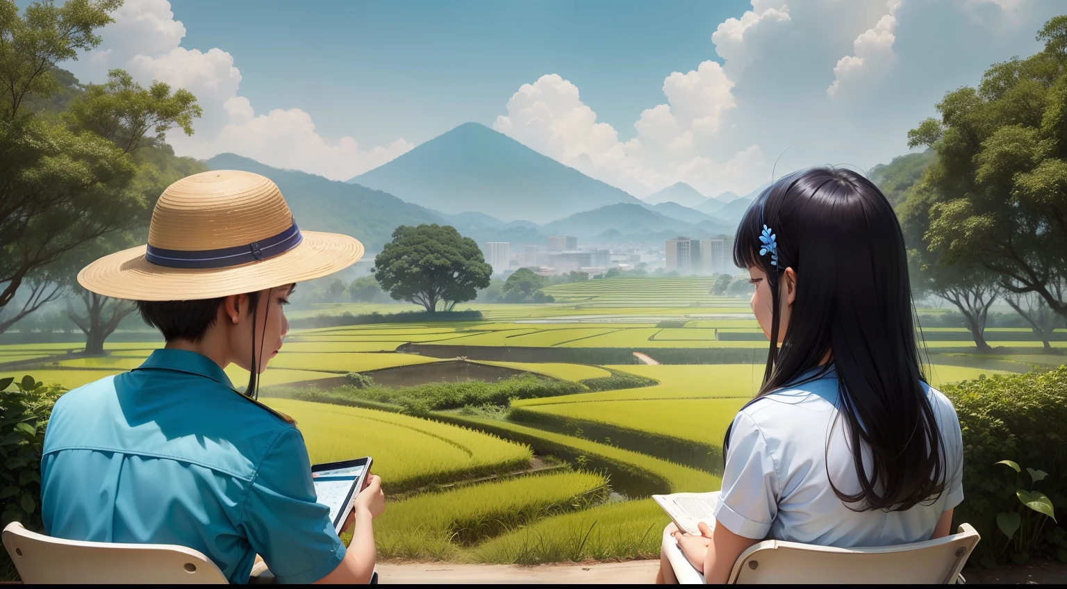 Golden rice paddies,Under the ears of rice, which are taller than a human, sit students who study seriously,Shenzhen blue and white summer uniform,Modern metropolis in the distance。#Creative drawing#