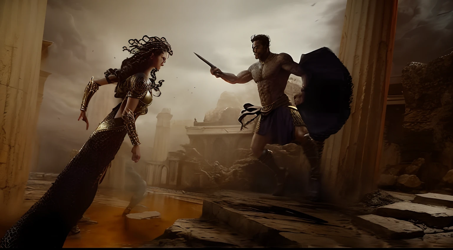 arafed scene of a man and a medusa fighting in a temple, epic fight scene, epic battle scene, vfx action shot, film still of gal gadot, action scene from the film, fight scene, epic action scene, movie screen shot, heroic battle scene, cinematic mid shot fight, in screenshot from the 300 movie, film still dnd, medusa snake body, medusa snakes on her head