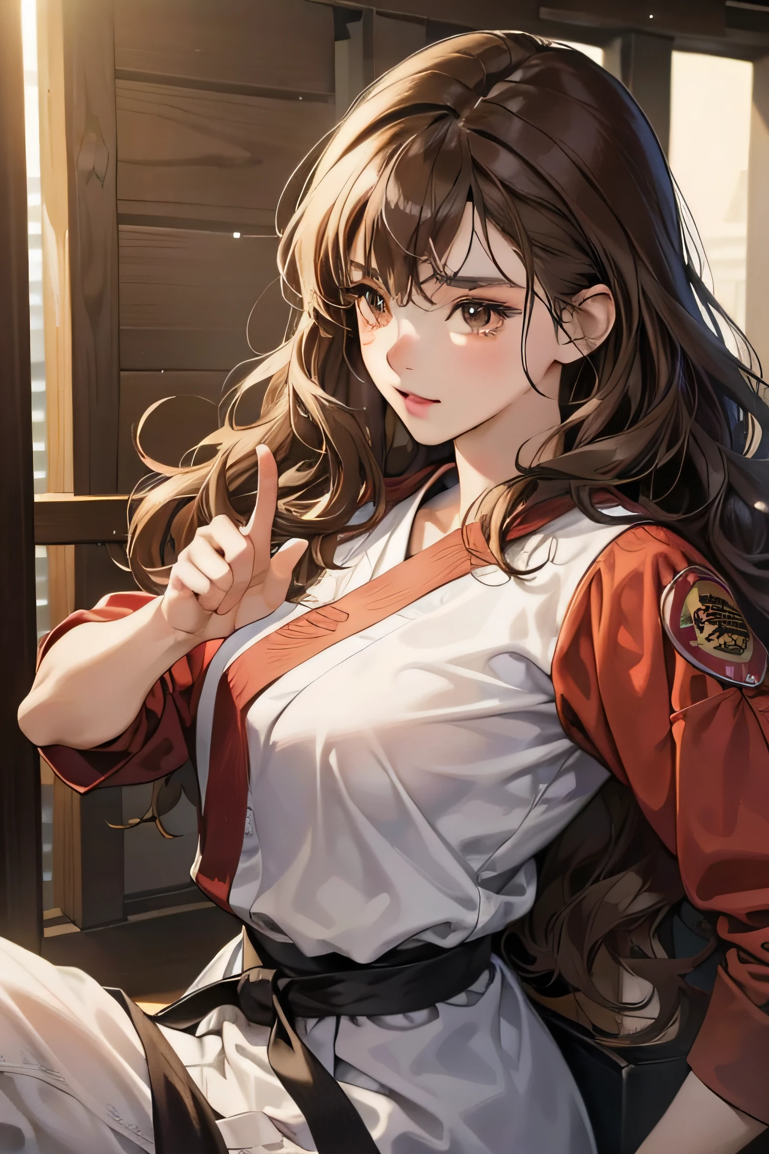 Masterpiece, best quality, anime, 1woman, quiet, calm and pretty young woman, , ((close mouth)), extremely detailed, a little distance, ((dark brown eyes)), ((wavy with bang brunette hair)), ((martial art))