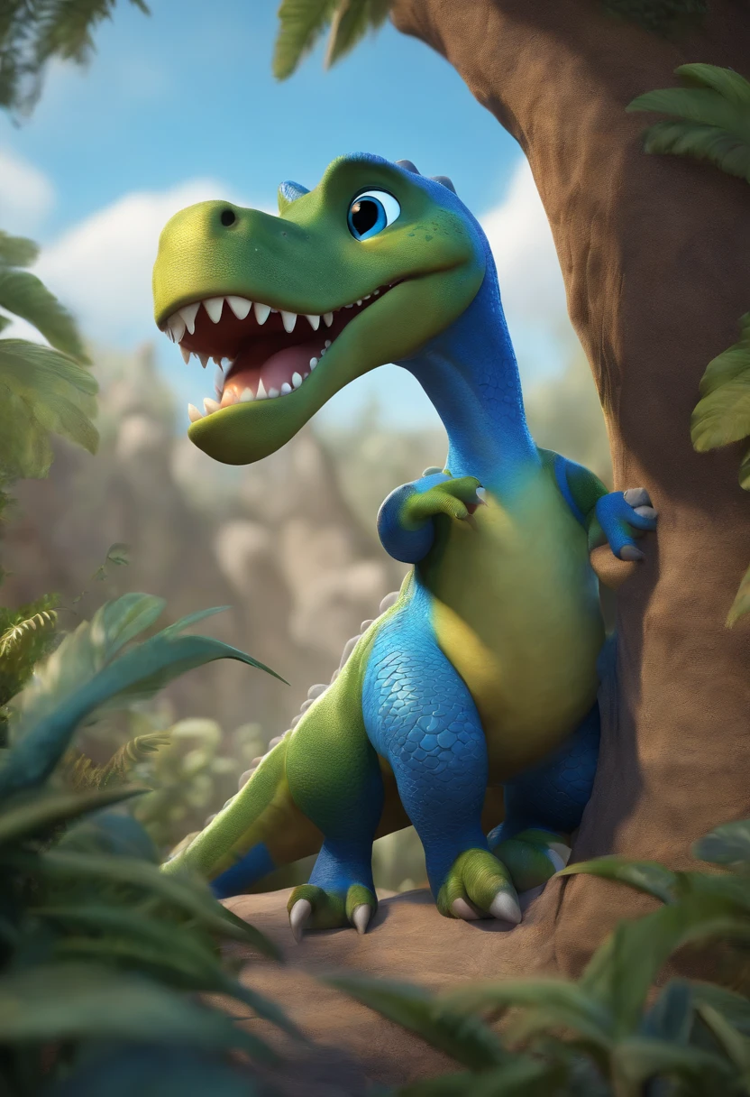 "Generate an image of a friendly dinosaur named Dizzy with bright blue scales and a long, swishy tail. animated pixar style, high quality drawing, illustration, 4k,3d"