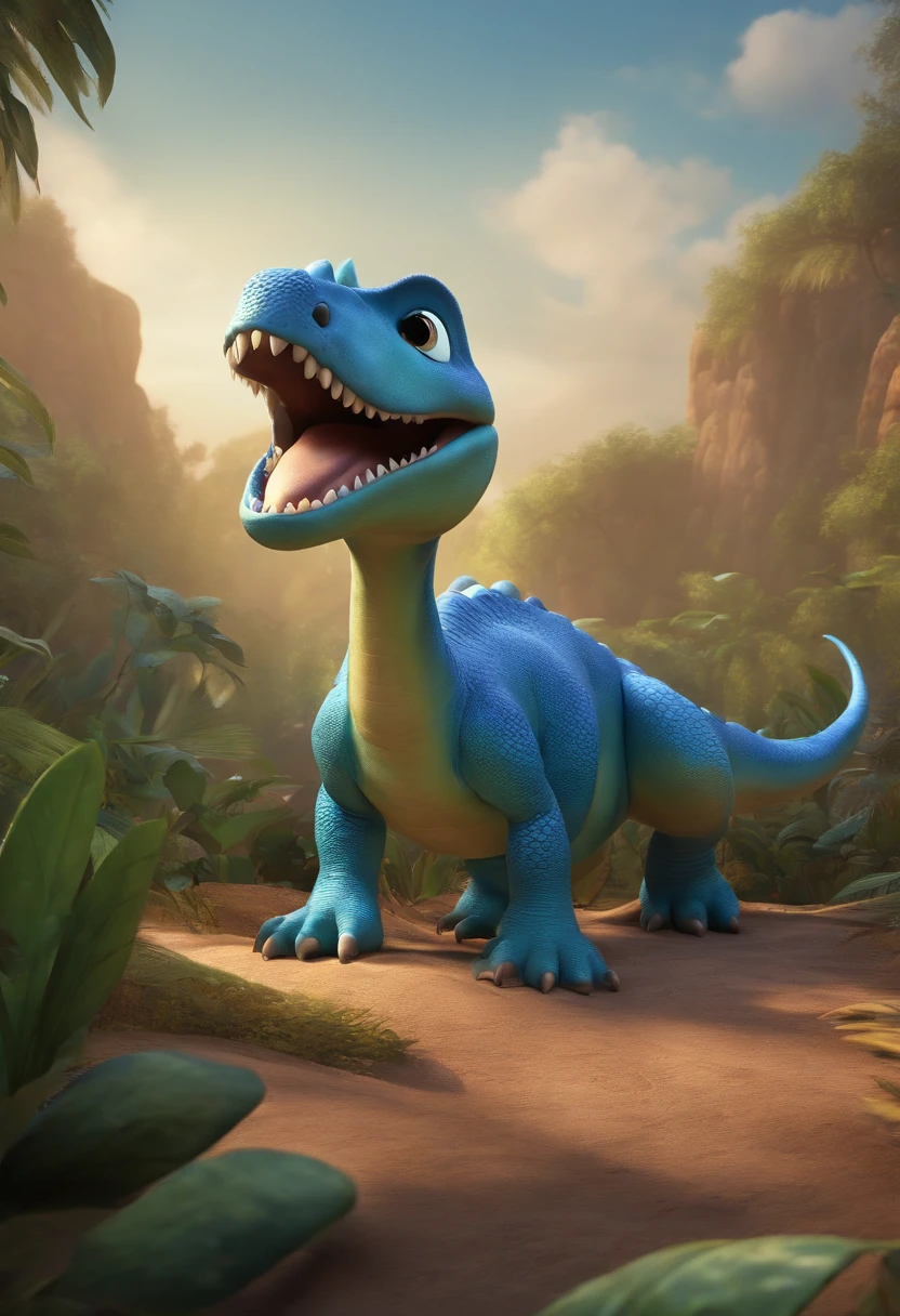 "Generate an image of a friendly dinosaur named Dizzy with bright blue scales and a long, swishy tail. animated pixar style, high quality drawing, illustration, 4k,3d"