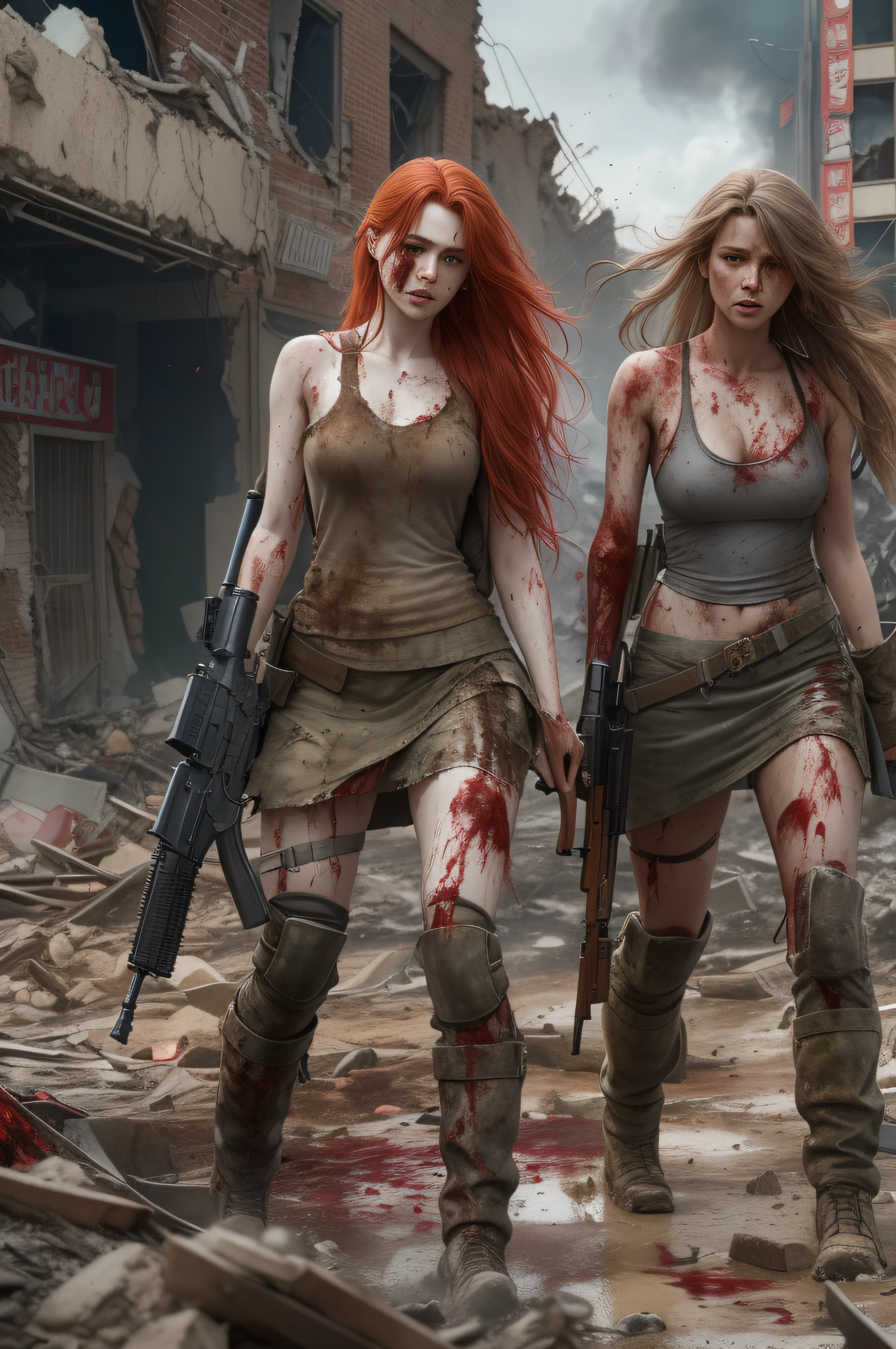 Three white red-haired women with very long hair stumbles through the streets of a ruined city with a naked wet upper body, and a bleeding gunshot wound in her left shoulder. An automatic rifle in her right hand, full of mud, blood, and wounds, and wearing a torn skirt. Explosions and fires ravaged the devastated city everywhere.