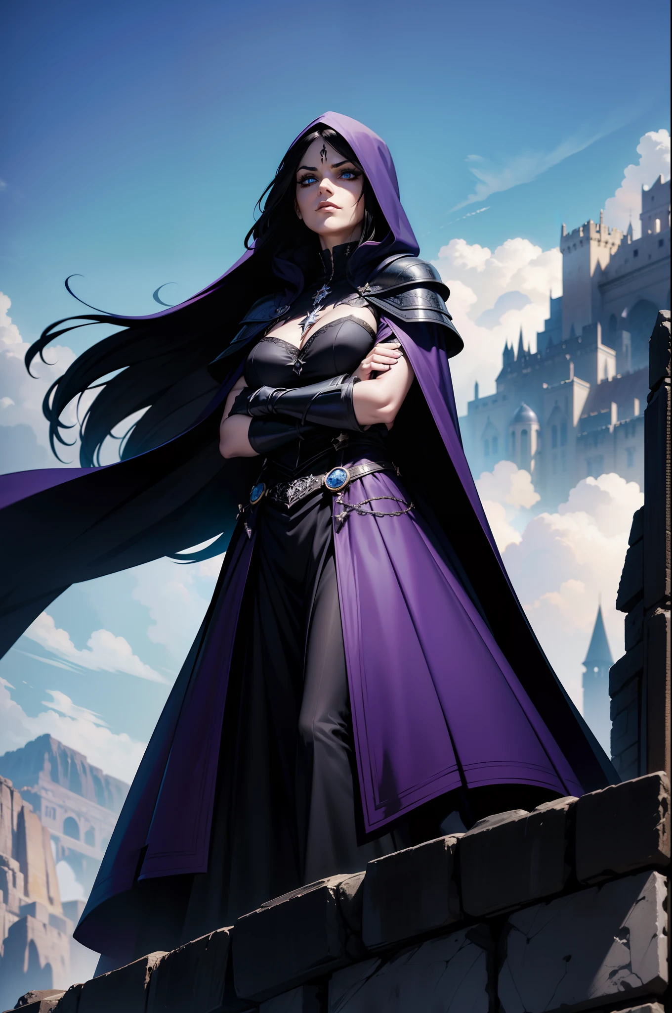 An adult female magician character wearing a hooded cloak and gothic armor with black details. Postura imponente, face with serious expression, hair in black color straight stuck, espada presa a cintura, hair in black color, livro preso a cintura, a remarkable beauty, Magnificent, blue eye color, Sky with magnificent clouds, torre de mago, castelo de magia, garments underneath the armor in purple color, arms crossed in an imposing pose and on top of a high rock