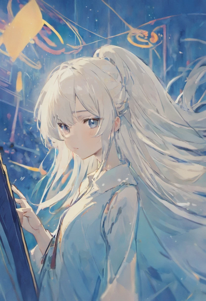 Anime girl with long white hair and headphones in front of blue background, white-haired god, Digital anime art!!, Perfect white haired girl, white haired Cangcang, Girl with white hair, (Anime girl), Smooth anime CG art, Official artwork, Beautiful Anime High School Girls, White-haired, Beautiful anime artwork, Cute anime girl, anime moe art style, anime best girl
