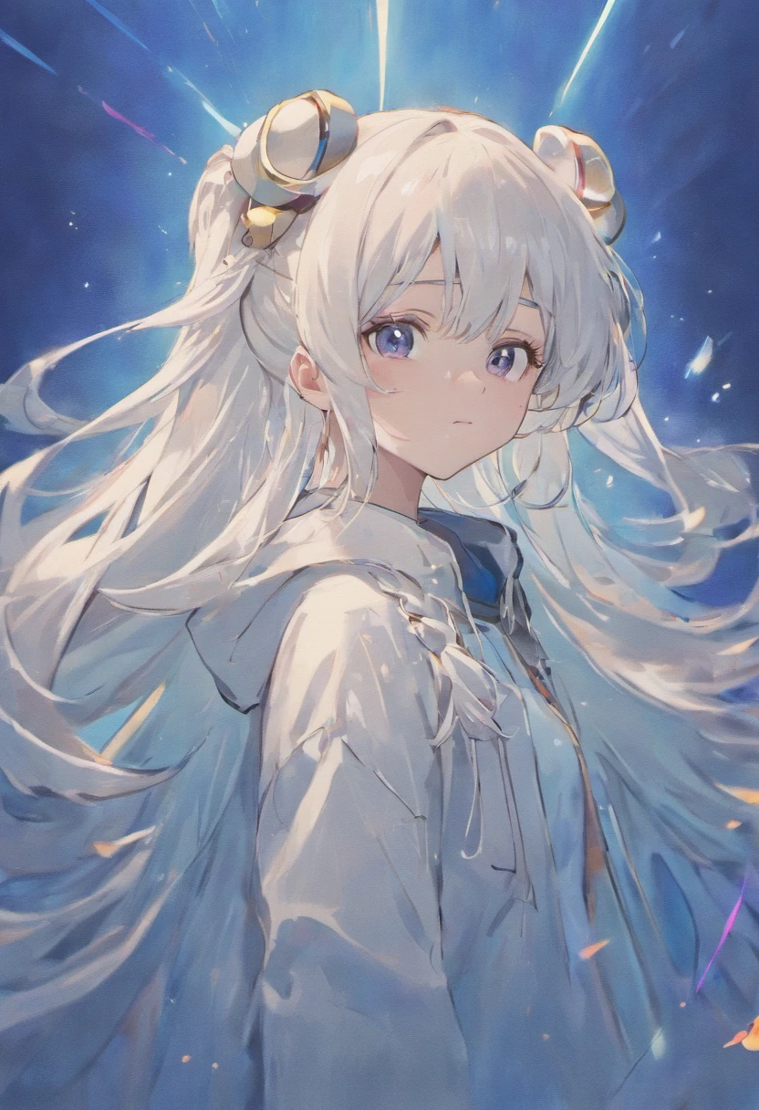 Anime girl with long white hair and headphones in front of blue background, white-haired god, Digital anime art!!, Perfect white haired girl, white haired Cangcang, Girl with white hair, (Anime girl), Smooth anime CG art, Official artwork, Beautiful Anime High School Girls, White-haired, Beautiful anime artwork, Cute anime girl, anime moe art style, anime best girl