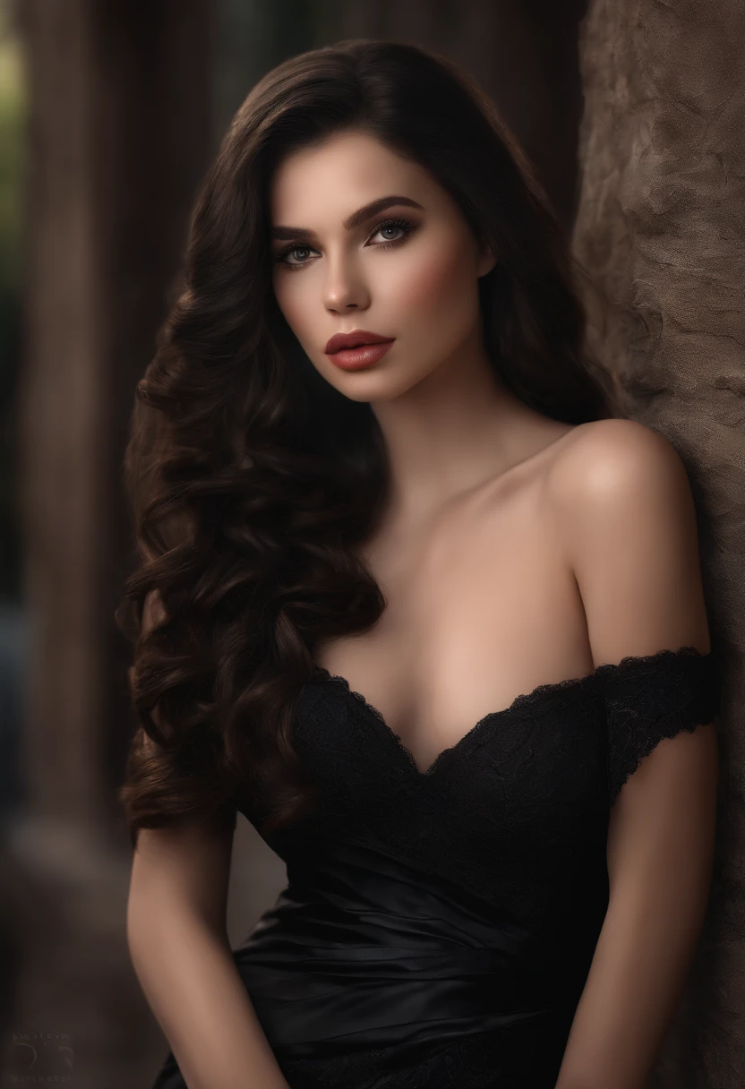 Photorealistic, Lip gloss, Realistic, Best Quality, Ultra High Resolution, Depth, pastel color, Natural Shading, Focus on the face, Face only, Looking at the viewer, Long hair, Black hair, brown and detailed eyes, Black Dress, gloves, Anatomically correct