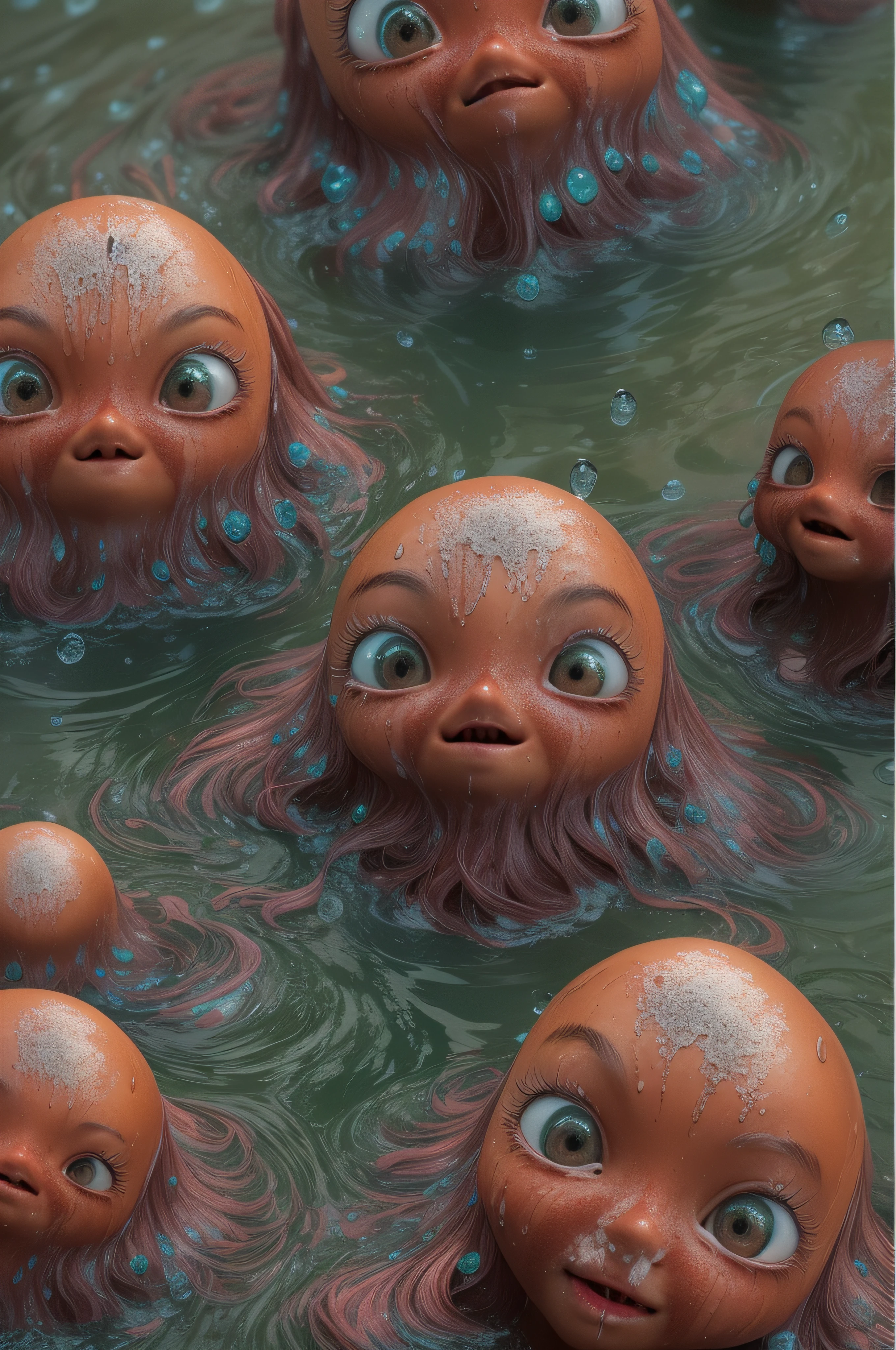 Masterpiece, a full body of a beautiful red-haired Zendaya, an Amazonian woman all smeared with mud. She lies on her back in the running water and the mud up to her gigantic breasts and is trying to crawl out, naked, full of mud stains and with holes everywhere, It rains that it pours. (perfect body with slight bleeding scrapes here and there), (red matted hair), (long curly hairstyle), outside. HD photography, ultra-realistic, 4k, hyper-realistic, sharp texture, color. Her face with glistening water droplets is illuminated by the sun. mist-splitter, perfect face), all wet on a rainy night, scared look, eerie, creepy, dark ambient, cinematic lights, high view, raindrops. Futuristic pyramid city background.