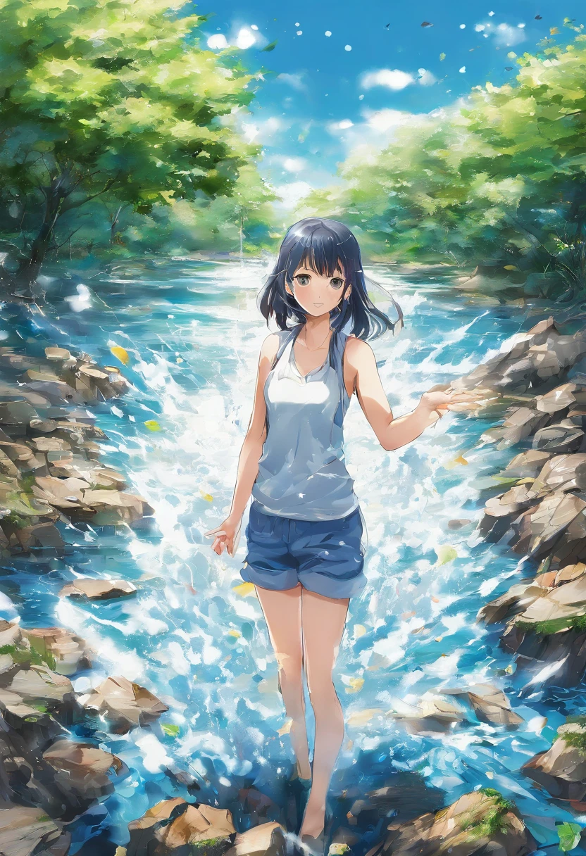 Water, Wet, Splashing, Liquid, Sunny, day, Blue sky, Clouds, Nature, nature environment, (Character Focus:1.1), Sharp Focus, Realistic, Highly detailed, ultra-detailliert, Best Quality, Highest Quality, Realistic lighting, hyperdetails, Hyper-Realism, Greg Rutkowski