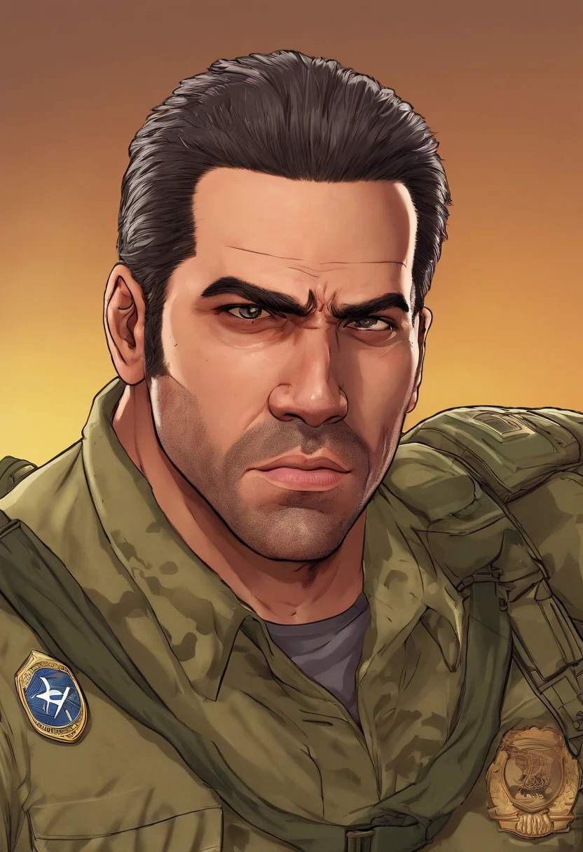 Qualidade HD, Maximum detail, macro retrato corpo inteiro dmdhomem cara bonita, Profundidade de campo, homem perfeito, 35 anos, cabelo tipo militar, rosto perfeito, boca bonita, nariz bonito, fisico medio, totalmente lindo, face with expression would be, caucasiano cabelos preto, olhar intimidador, Camisa militar, Realistic, Detalhes, Estilo: foto detalhada