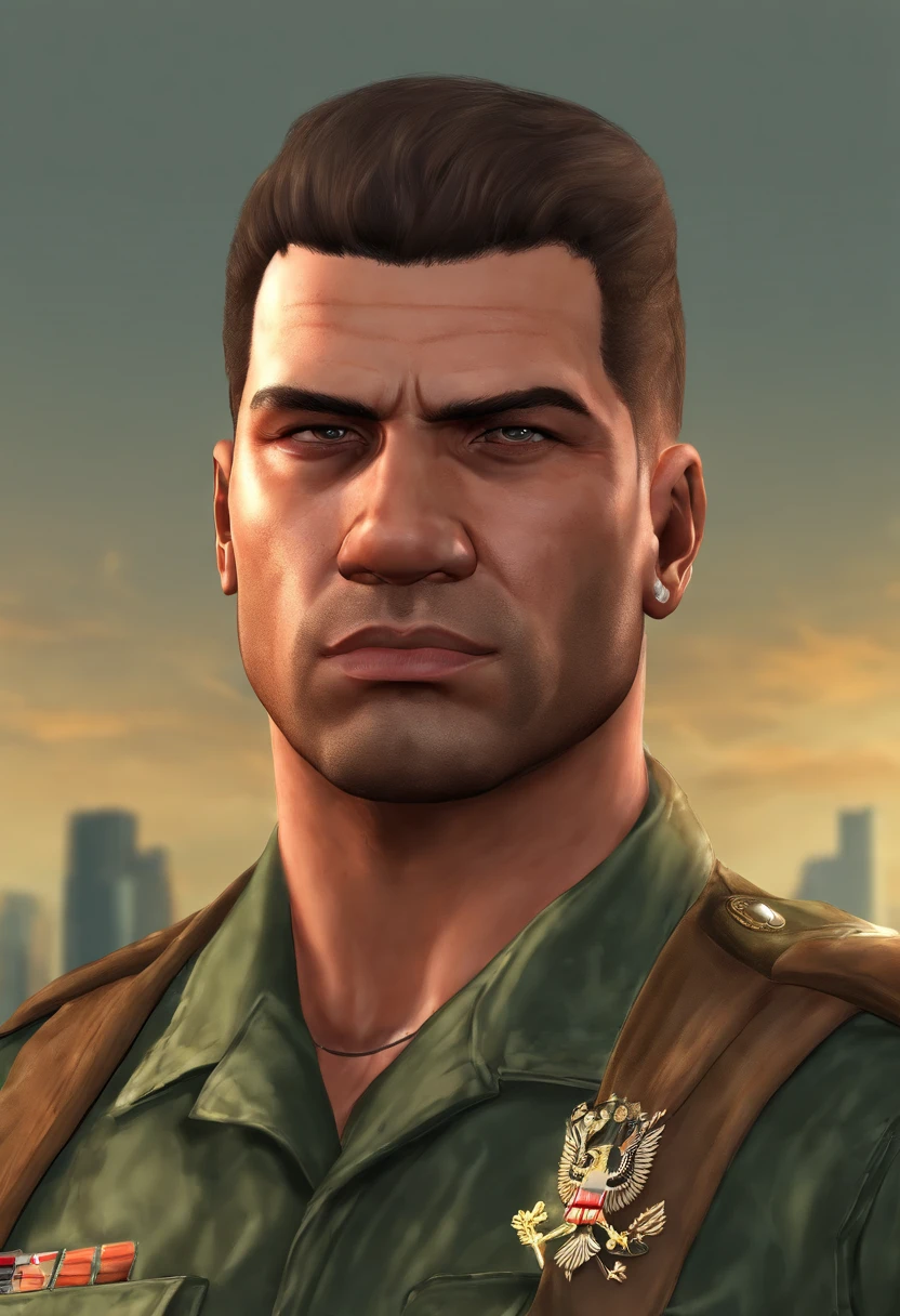 Qualidade HD, Maximum detail, macro retrato corpo inteiro dmdhomem cara  bonita, Profundidade de campo, homem perfeito, 35 s, cabelo tipo militar, rosto perfeito, boca bonita, nariz bonito, fisico medio, totalmente lindo, face with expression would be, caucasiano cabelos preto, olhar intimidador, Camisa militar, Realistic, Detalhes, Estilo: foto detalhada