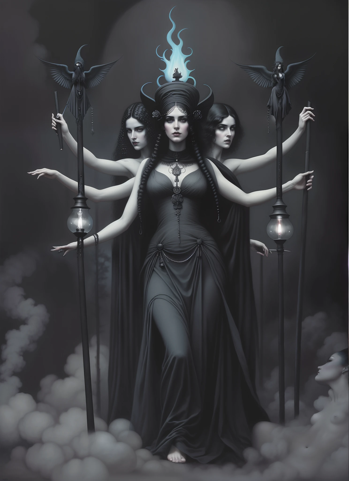 Imagen de Arafed de una mujer con cuatro manos y mucho humo, hecate, hecate goddess, Tom Bagshaw Artstyle, Artstyle Tom Bagshaw, Arte Tom Bagshaw, Estilo de Tom Bagshaw, Estilo Tom Bagshaw, Diosa oscura con seis brazos, Tom Bagshaw. aceites, Al estilo de Tom Bagshaw, Inspirado Tom Bagshaw