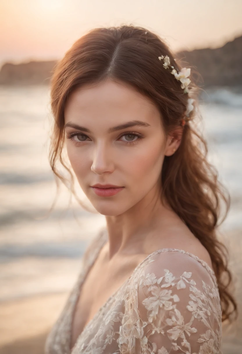 MDNN, (Sharp focus:1.2), Portrait, Attractive young woman, (Beautiful face:1.1), Detailed eyes, lusciouslips, (Eye makeup:1.2), (Tight body:1.2), Wearing (flowery dress:1.2) at (sea beach:1.2). (Morning sun illumination:1.2), Depth of field, Bokeh, 4K, hdr. By (James S. Christensen:1.2|JeremyLipking:1.1).