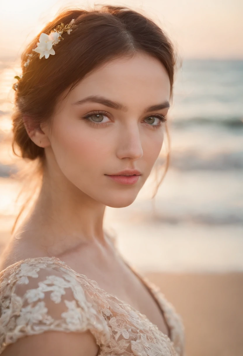 MDNN, (Sharp focus:1.2), Portrait, Attractive young woman, (Beautiful face:1.1), Detailed eyes, lusciouslips, (Eye makeup:1.2), (Tight body:1.2), Wearing (flowery dress:1.2) at (sea beach:1.2). (Morning sun illumination:1.2), Depth of field, Bokeh, 4K, hdr. By (James S. Christensen:1.2|JeremyLipking:1.1).