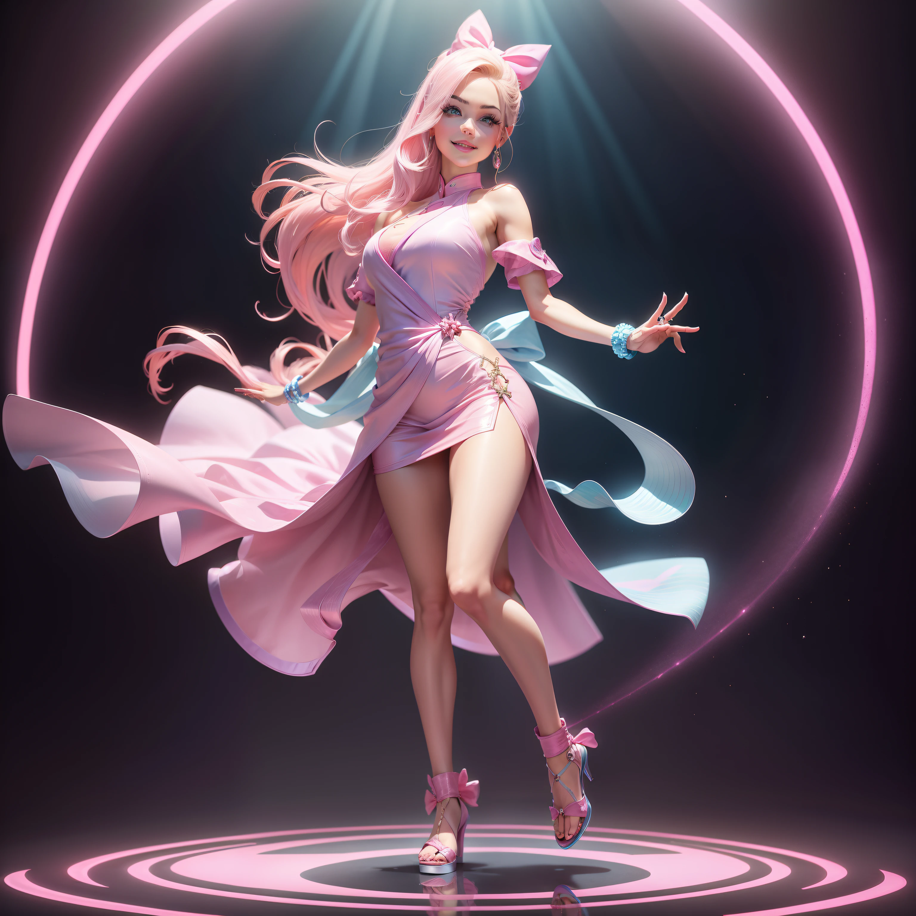 Barbie, ((Full body)), Blue eyes, Smiling face, Hair loss swaying in the wind, Hip Hop Singer Pose, Dressed in hip-hop style, Wearing a pink judogi that reflects light like a mirror ball glowing in sequins, With a pink bow on the arm, Fashion, Extremely high quality, high details, 8K, clean back ground, in studio, ((Full body shot)),Fingers are realistic,Accurate Hand Modeling,