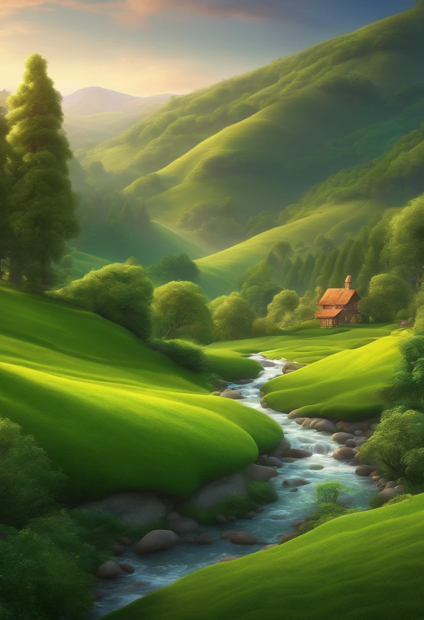 "Create an image of a lush, green valley with rolling hills, tall trees, and a sparkling stream. animated pixar style, high quality drawing, illustration, 4k,3d"