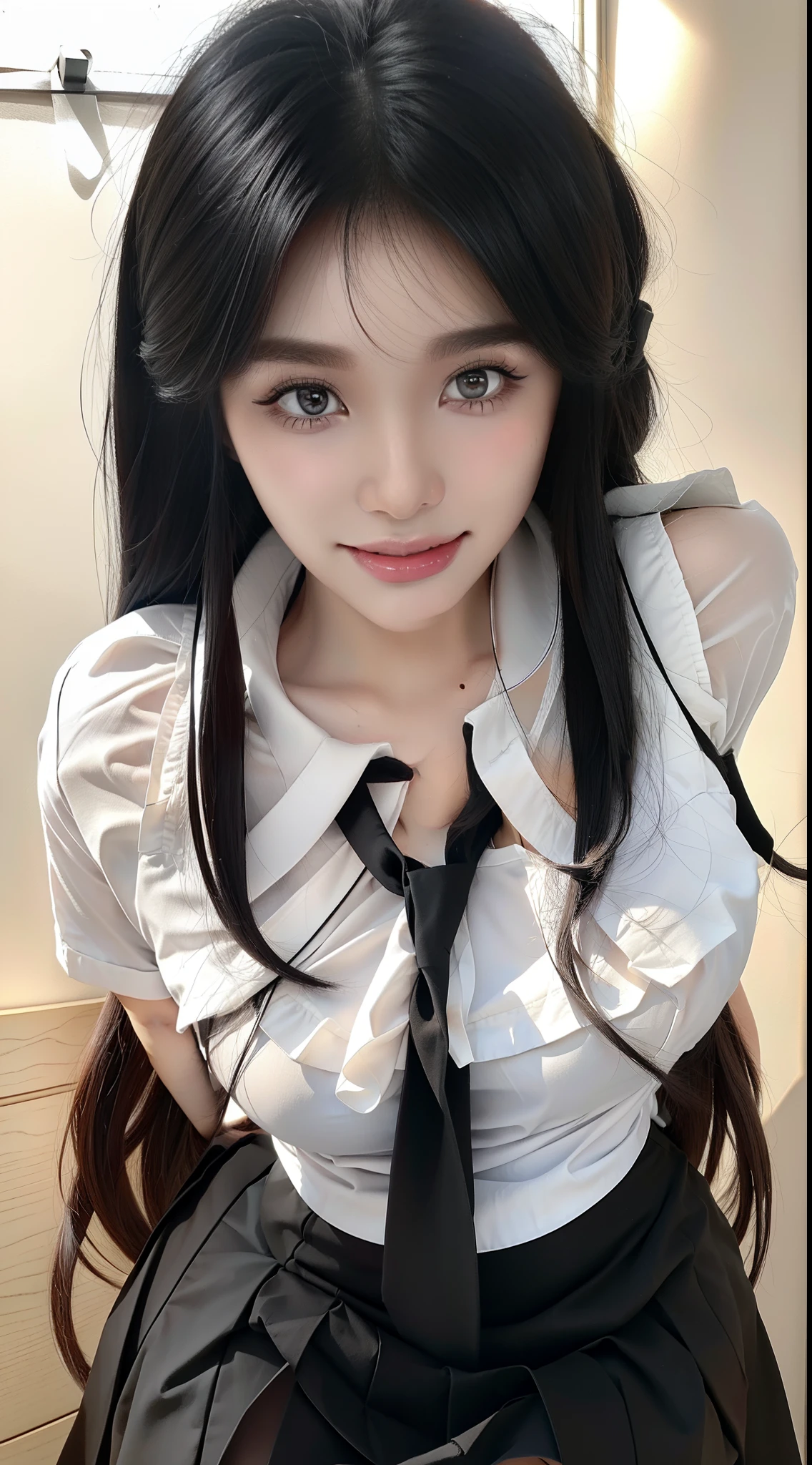 (8k, RAW photos, top quality, masterpiece: 1.2), (realistic, photorealistic: 1.37), (High Quality), (Ultra realistic), (High Details), (Face detail), (Shadow Detail), solo, 1 girl, black hair, long hair, white shirt, shite skirt, school girl, smile, pink lips, eyeshadow, eyeliner, make-up