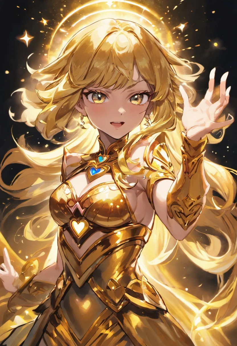 (Golden Goddess Freyer, Majestic Goddess of Love and Magic, Her hands shine with mysterious power.Her hands shine warm and charmingly.Her presence is a light of hope and joy.Her golden aura is、It is a shining golden aura of love and protection.Shooting star brilliance、Golden moonlight、beautiful fingers、Detailed heart-shaped aura at your fingertips、